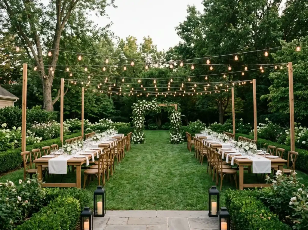 Bistro lights over garden reception