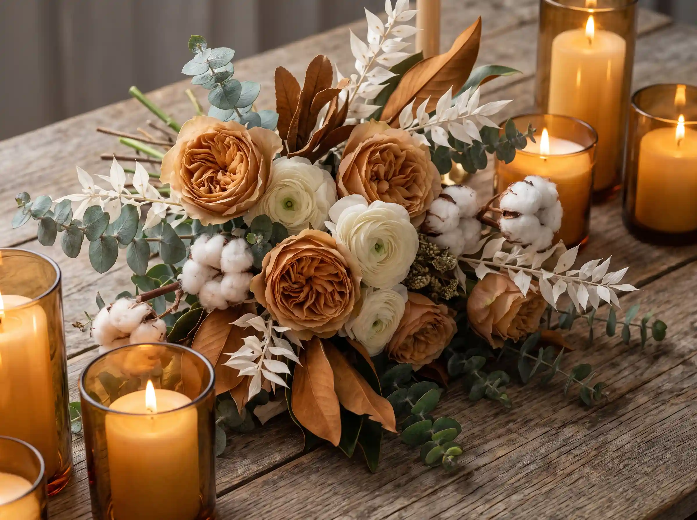 Warm toffee rose bouquet with natural cotton stems and cinnamon-colored preserved foliage