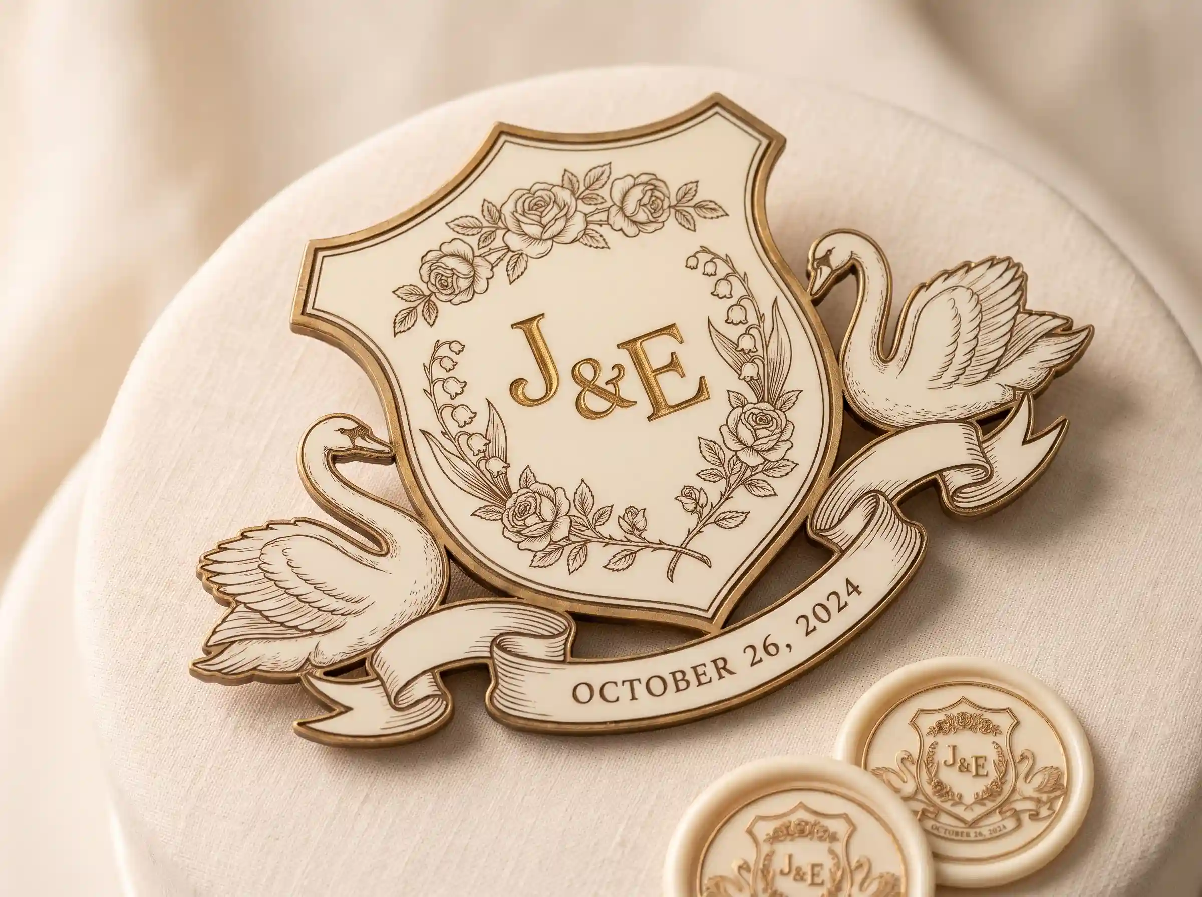 Bridgerton-inspired heraldic shield crest with rose garlands and swans cake topper