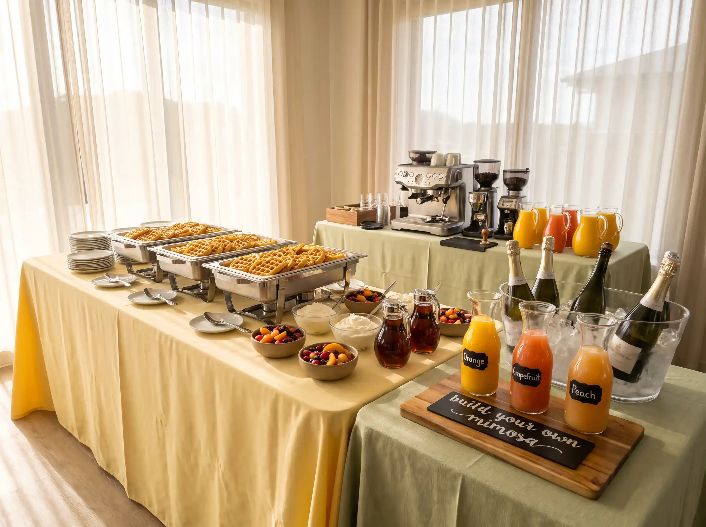 Post wedding brunch table with waffle warming trays fruit compote barista coffee setup and build your own mimosa flight