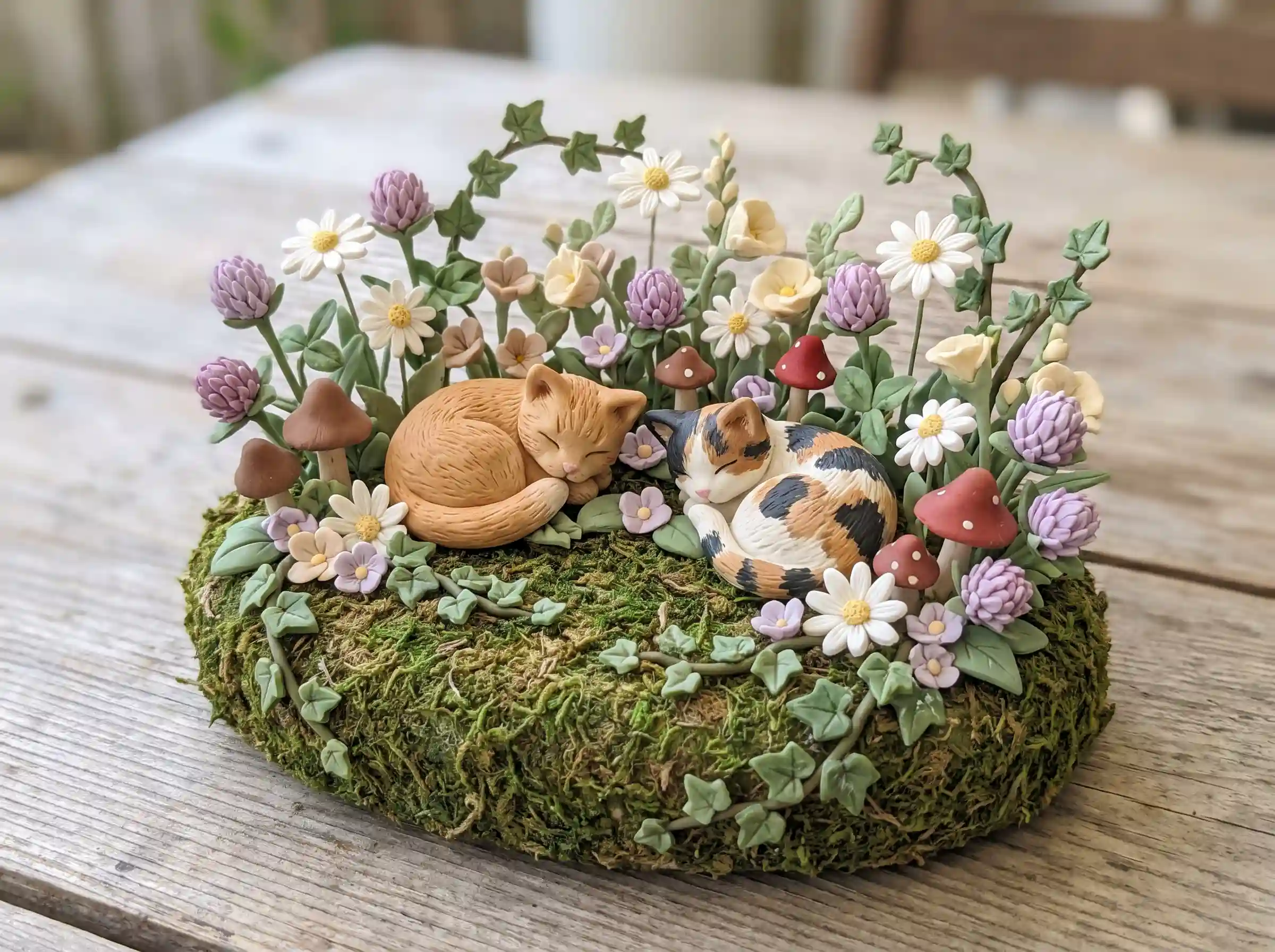 Hand-sculpted polymer clay cat cake topper with wildflowers on mossy oval base