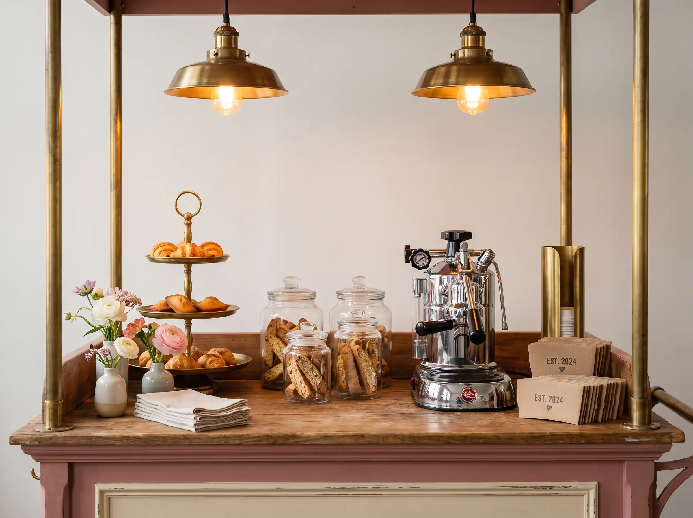 Restored dusty rose vintage cart with espresso machine biscotti jars tiered pastry stand bud vases and warm brass pendant lights
