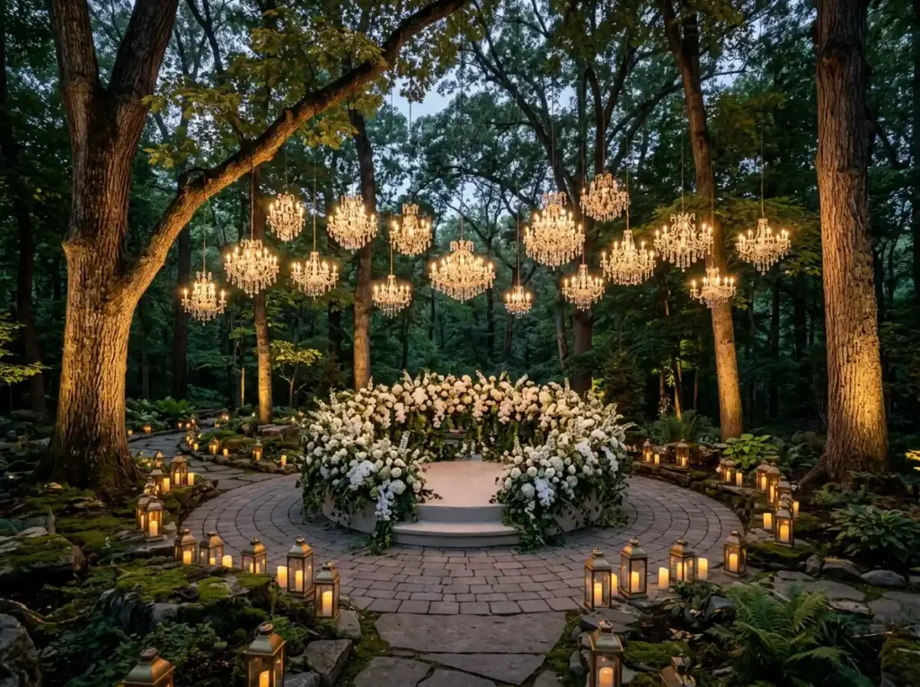 Crystal chandeliers hanging from…