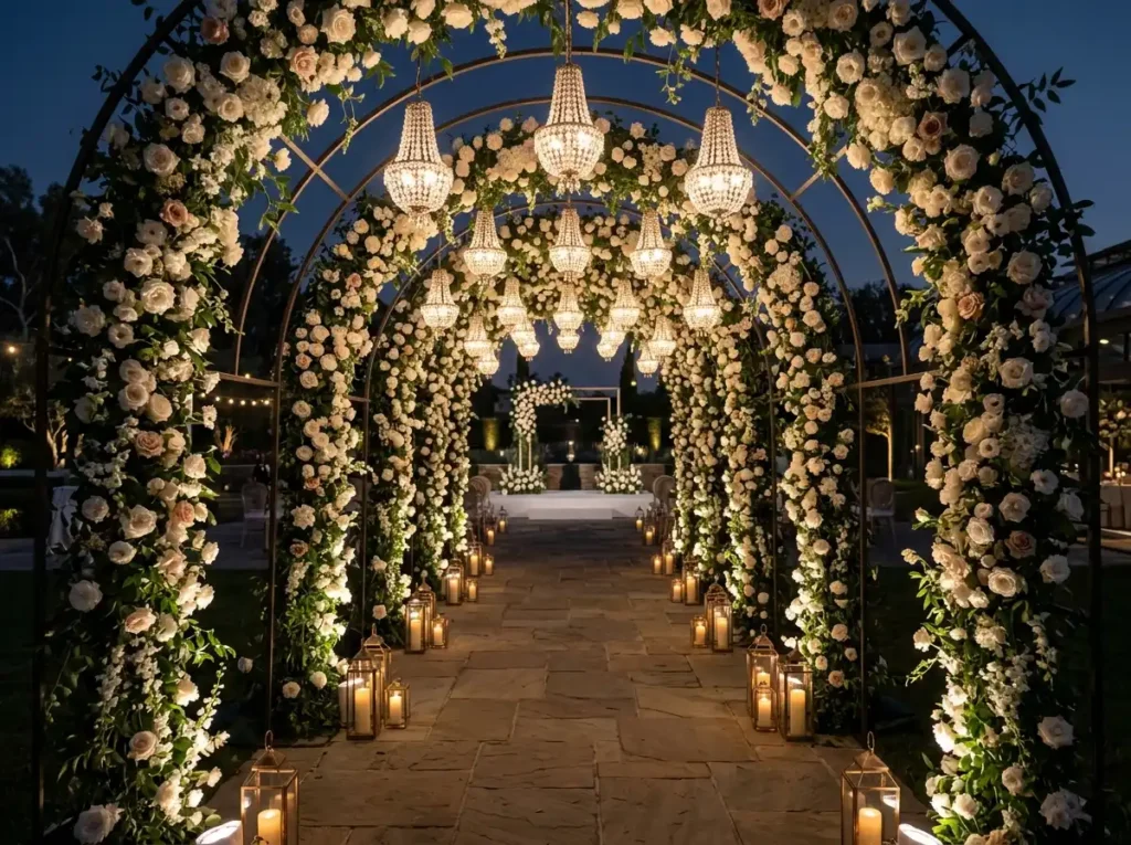 Floral chandelier tunnel entrance