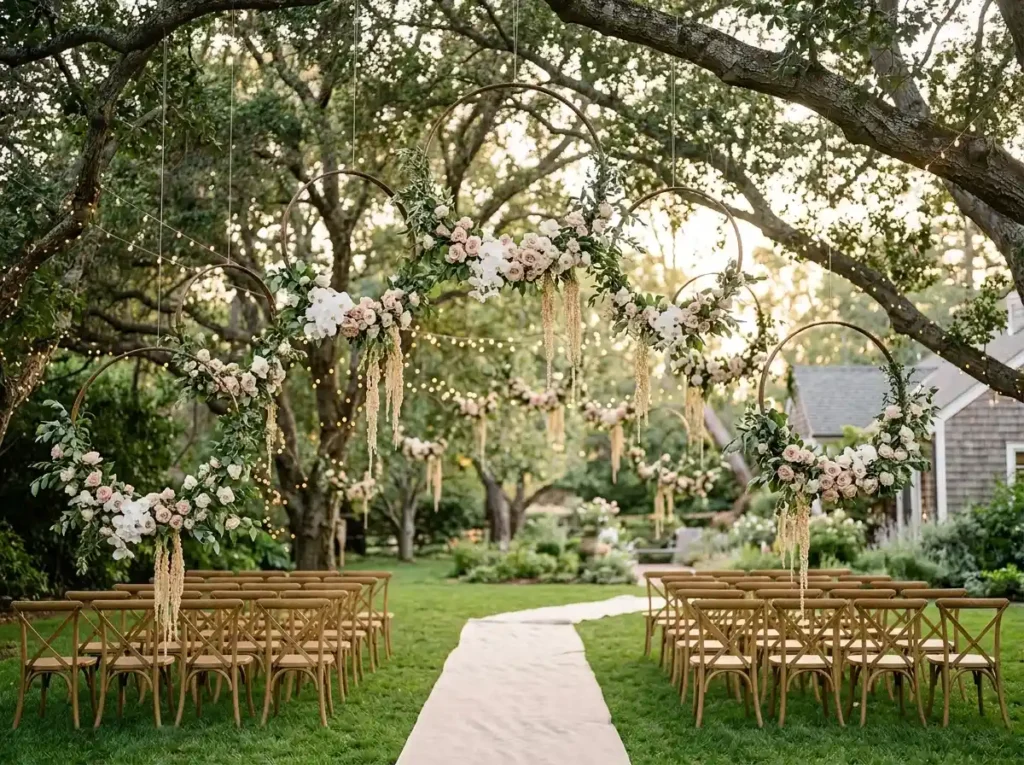 Hanging floral hoop garden ceremony