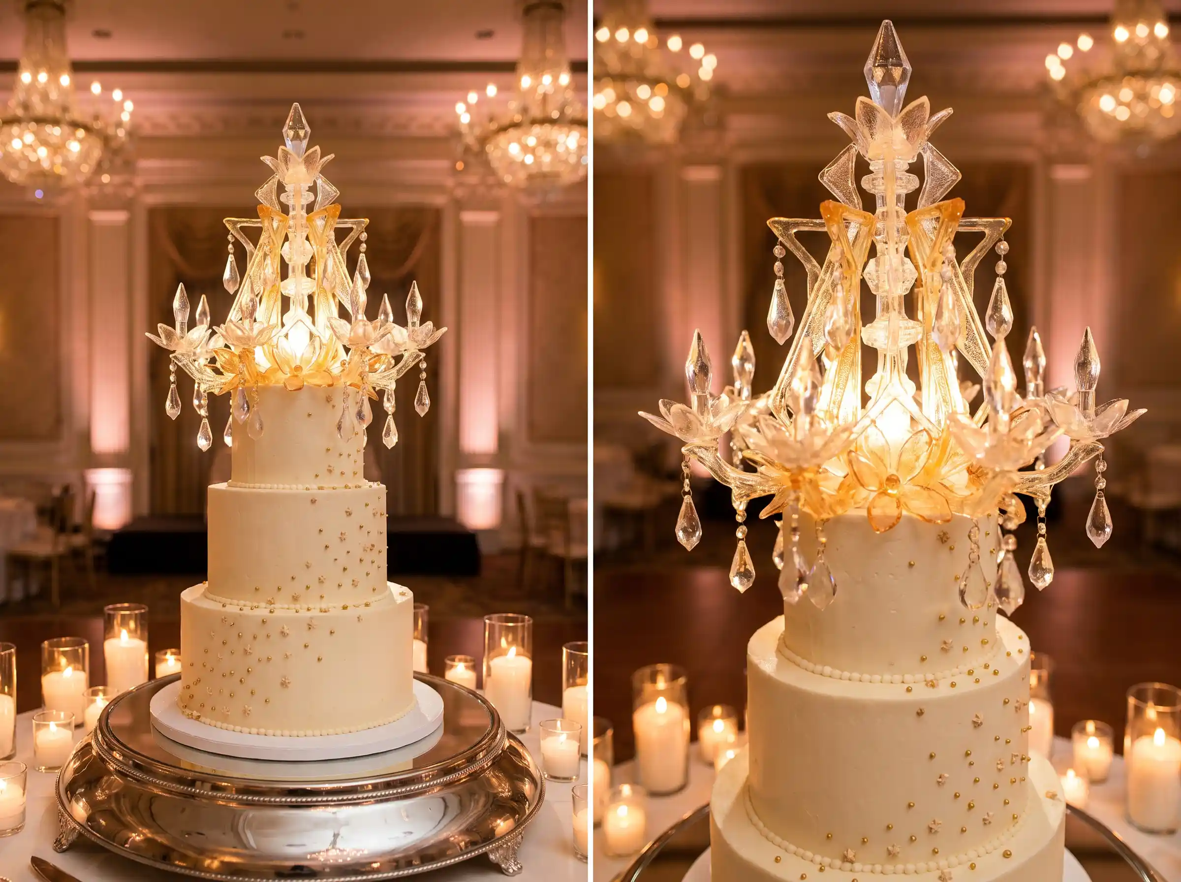 Ivory buttercream wedding cake with towering pulled isomalt chandelier sculpture catching warm light