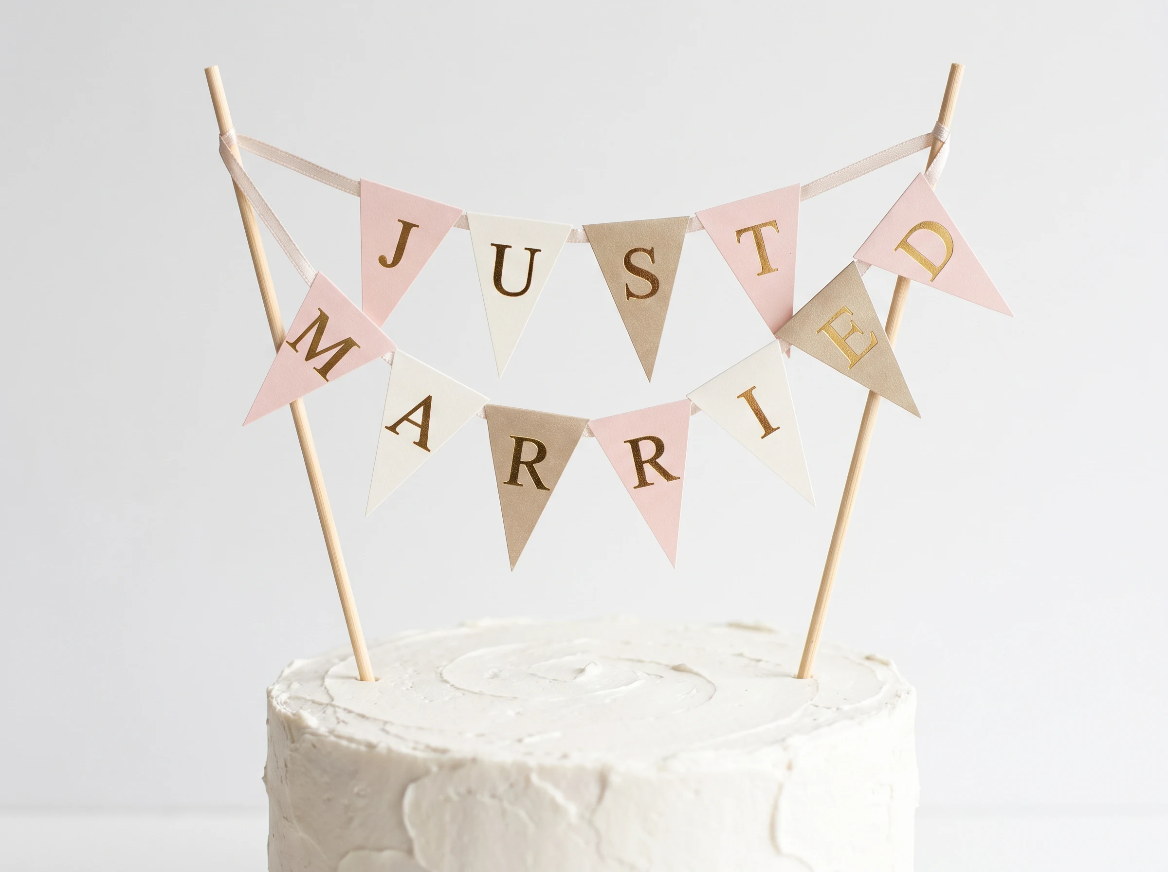 Champagne gold blush and white Just Married bunting banner cake topper