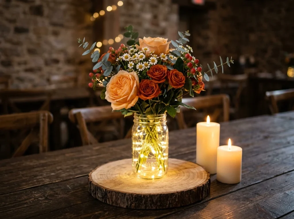 Mason jar centerpiece with roses