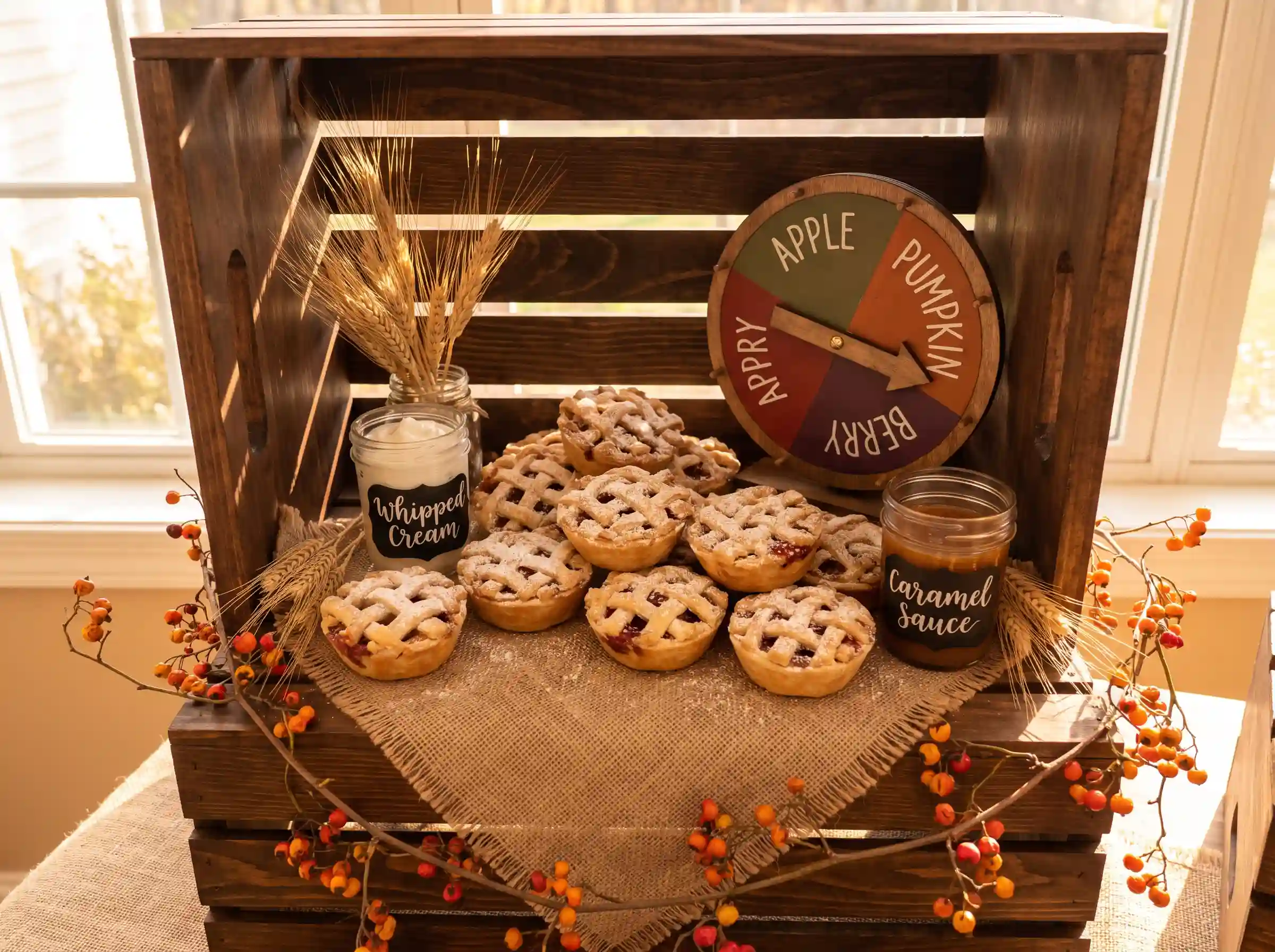 Wooden crate display of lattice crust mini hand pies with whipped cream caramel sauce dried wheat and pie flavor spinning wheel