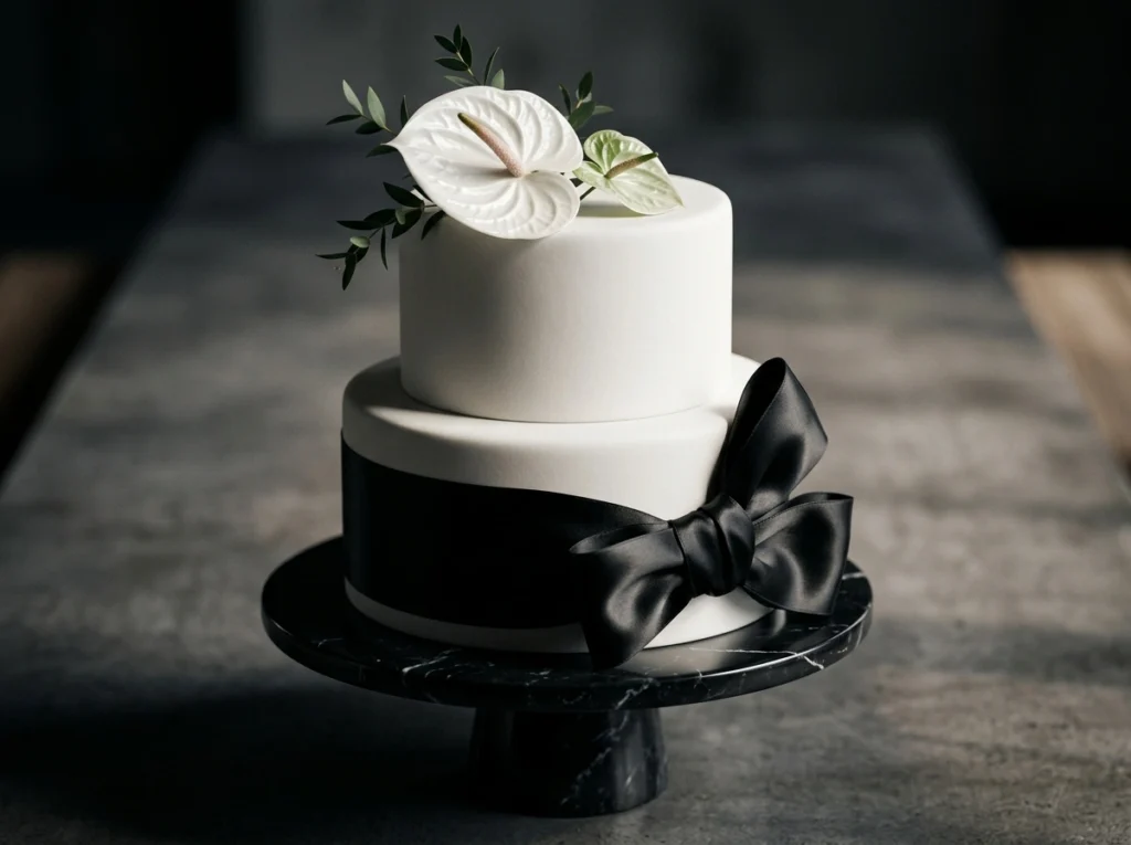 Minimalist white cake black ribbon
