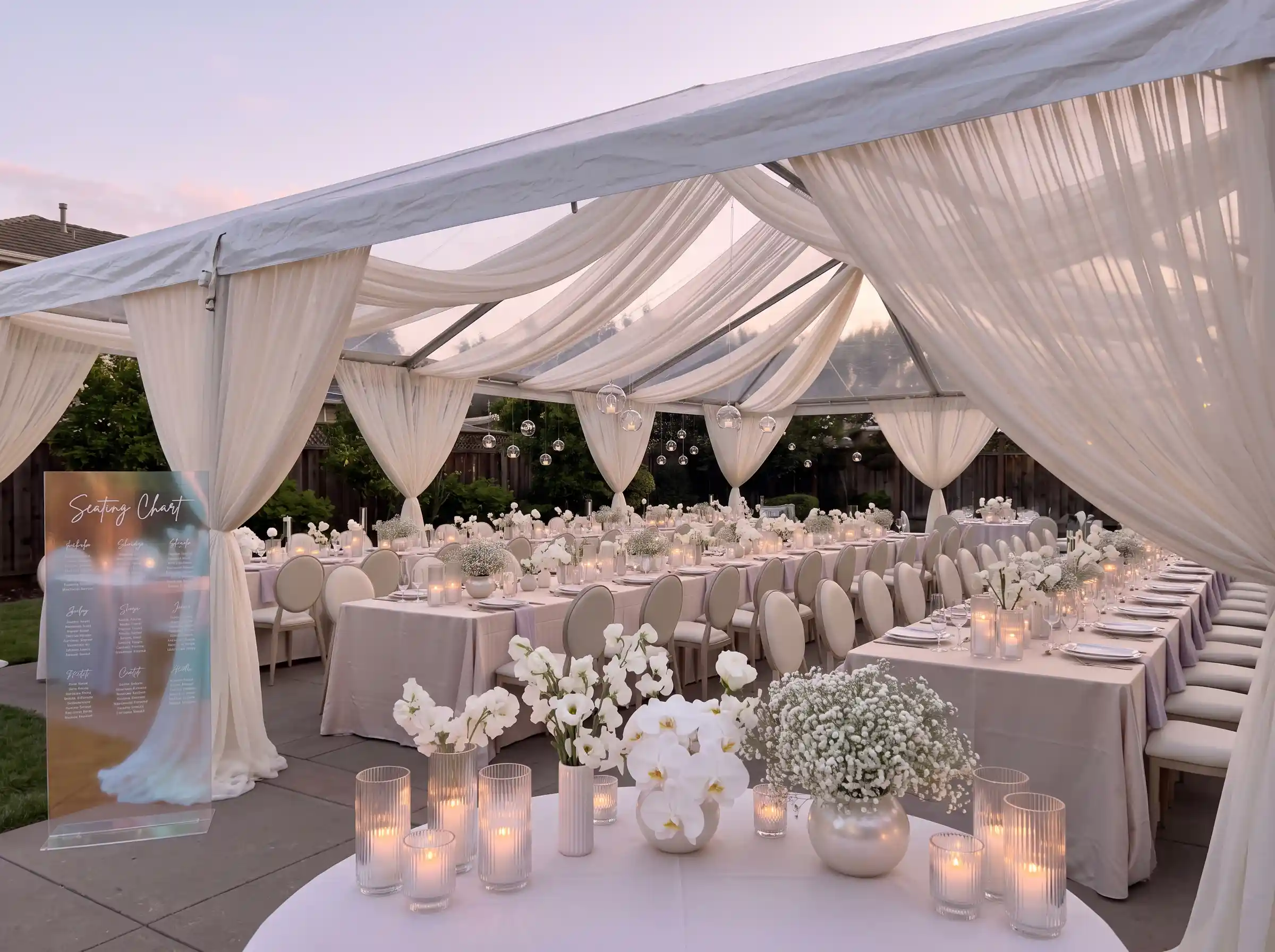 Elegant opalescent garden supper reception with ivory champagne tones and sheer draped canopy overhead