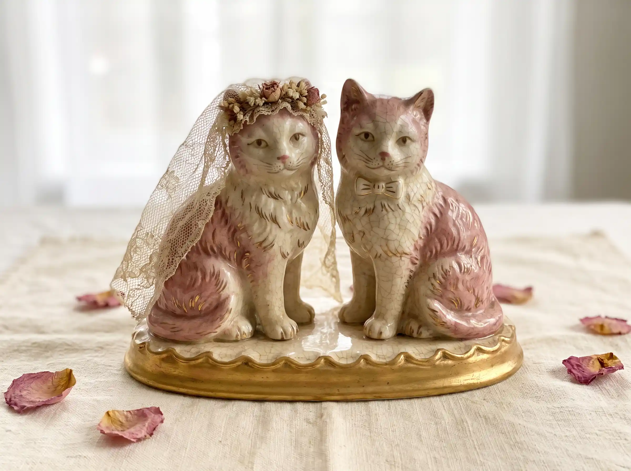 Vintage hand-painted porcelain cat figurines wedding cake topper with gilt detailing and lace veil