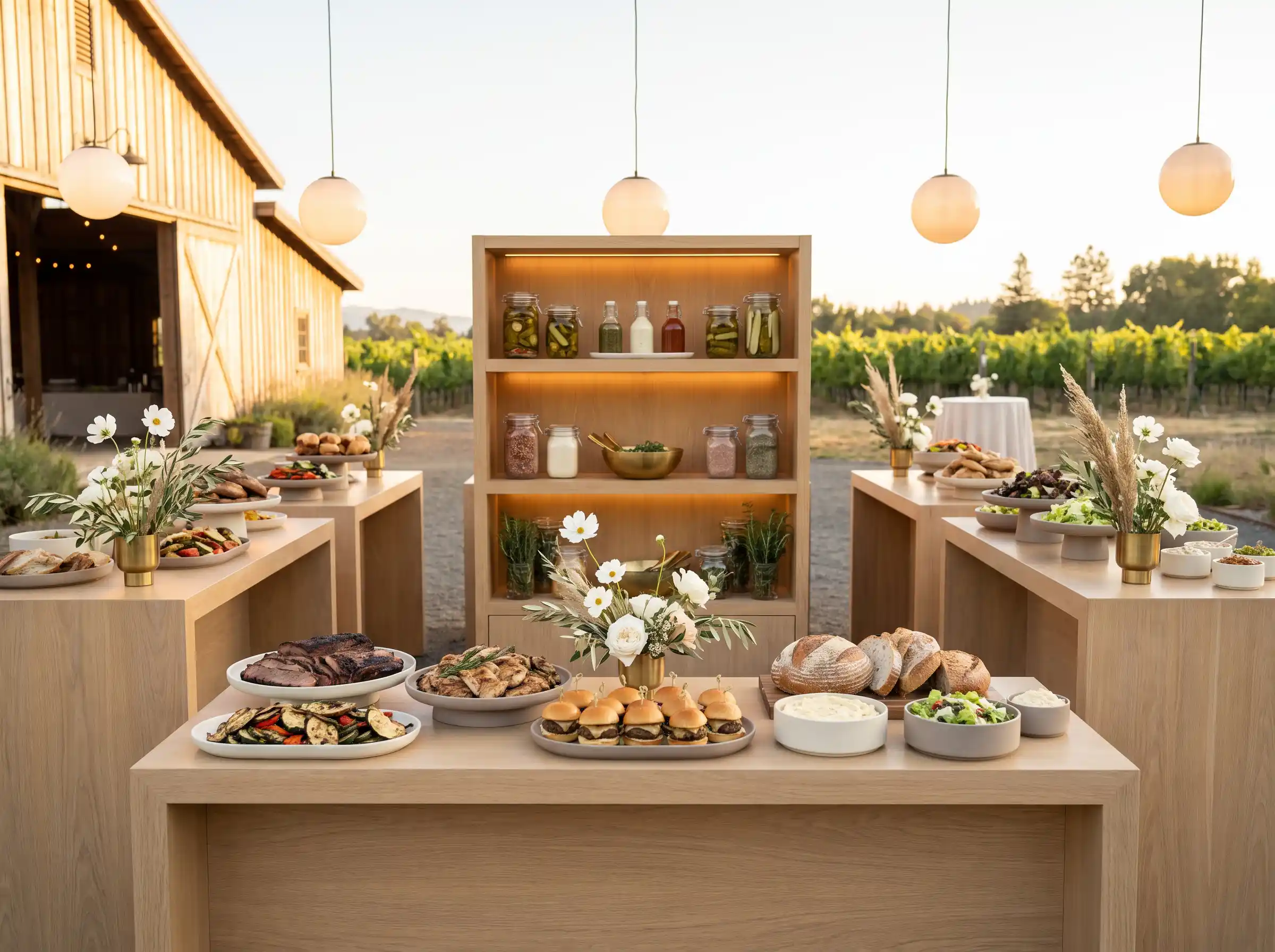 Contemporary rustic BBQ wedding buffet with modular oak islands and interactive toppings market
