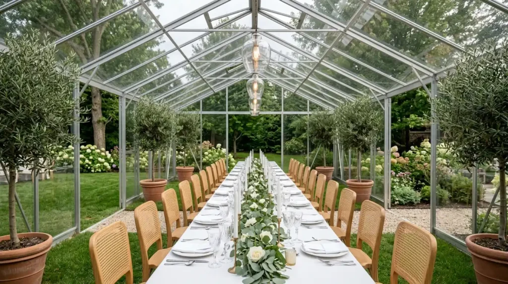 Rustic greenhouse dinner reception