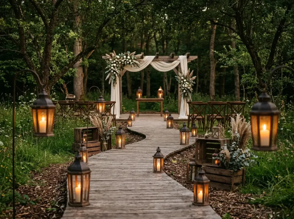 Rustic lantern walkway woodland …