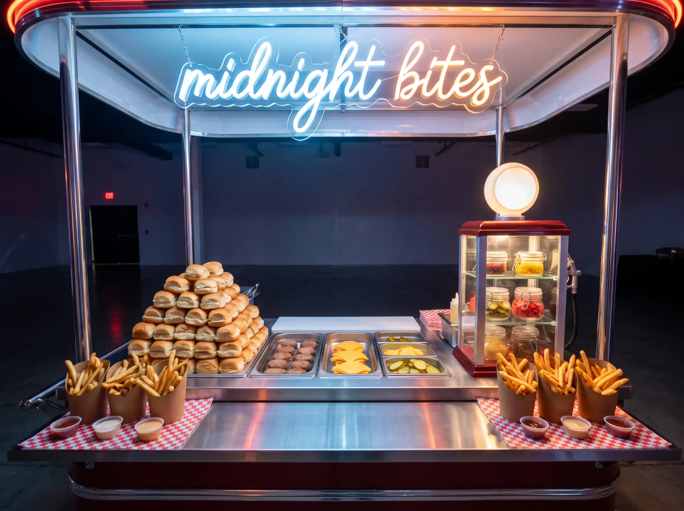Chrome retro late night snack cart with stacked slider buns fries in paper cones dipping sauces and neon midnight bites sign