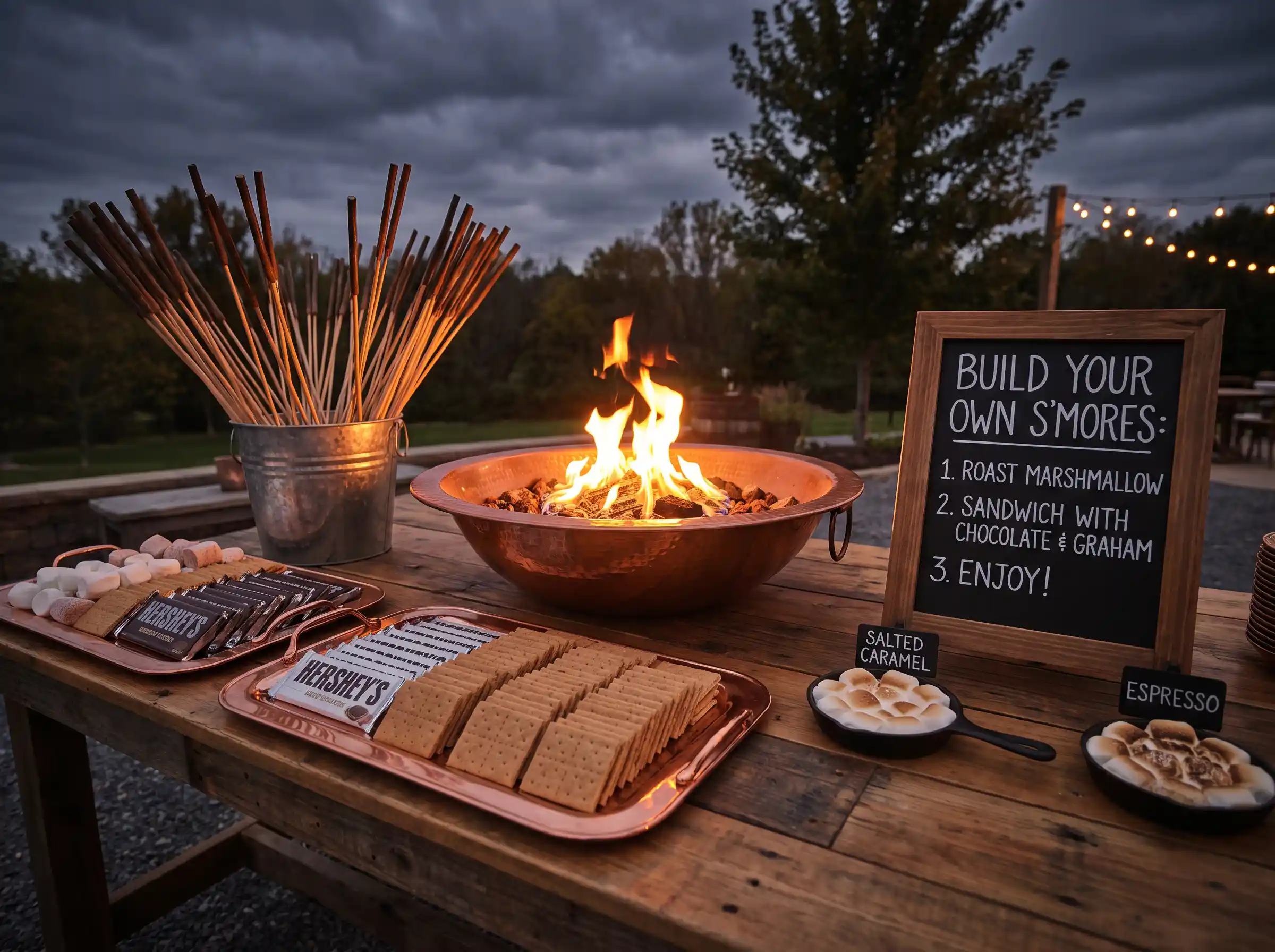 Outdoor s'mores fire bar at dusk with copper fire bowl roasting sticks graham crackers chocolate and chalkboard instructions