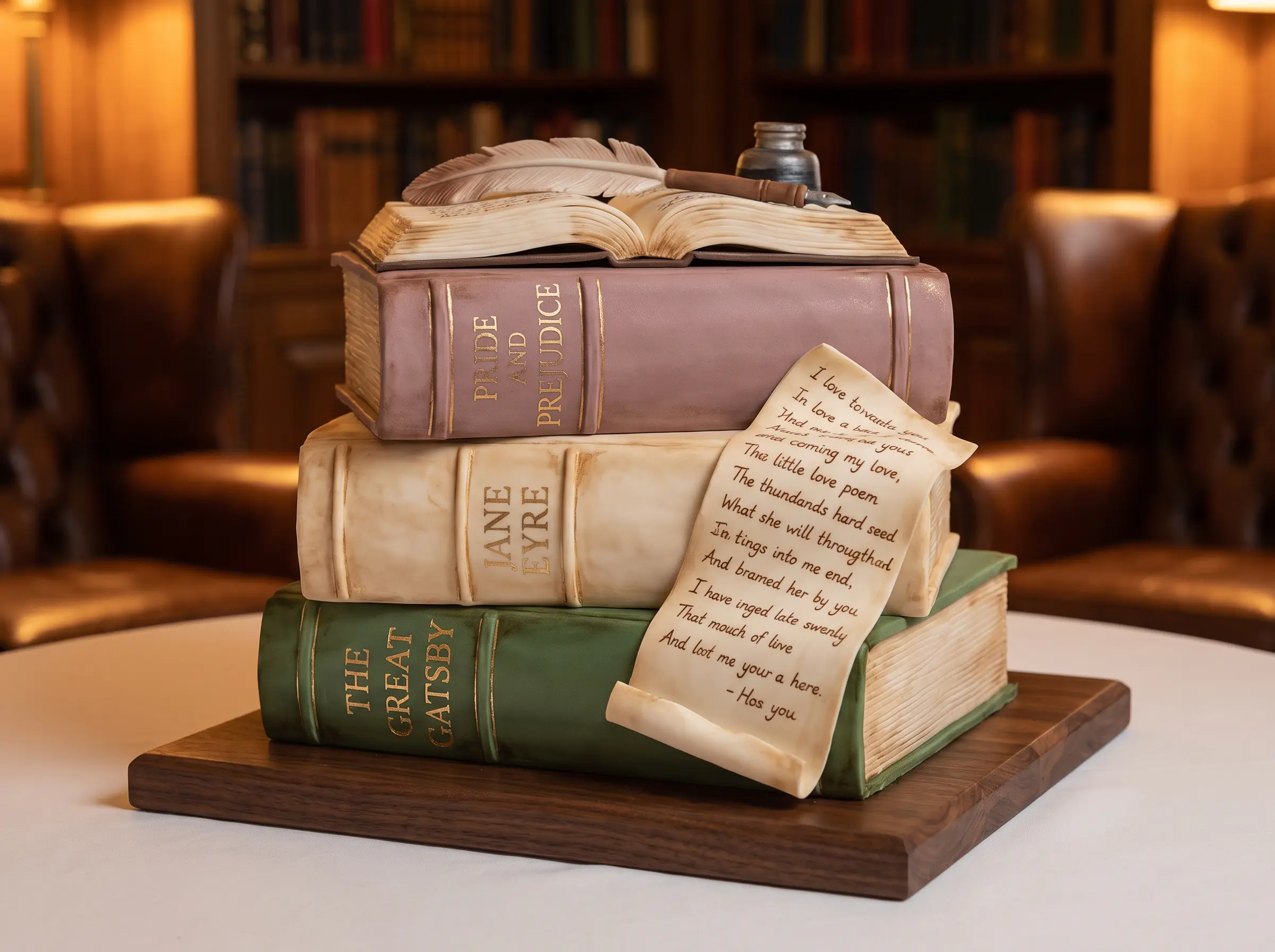 Stacked books wedding cake with embossed spines gold calligraphy fondant quill and parchment scroll