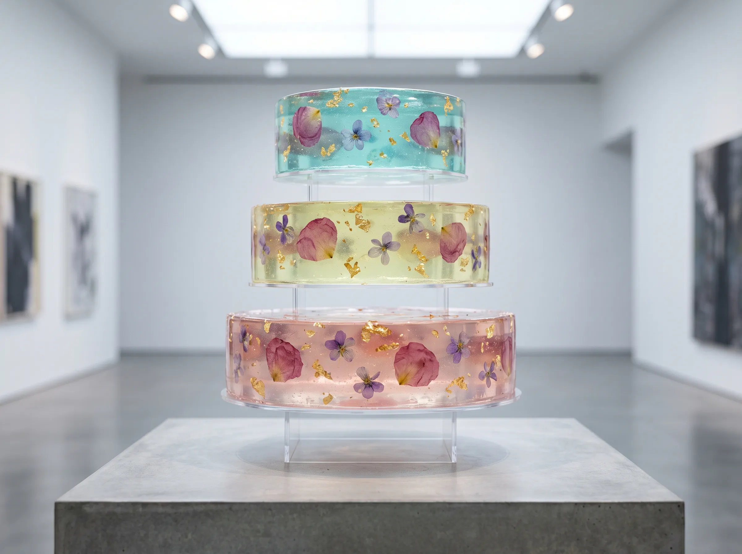 Translucent jelly wedding cake tiers with suspended edible flowers gold leaf on acrylic risers