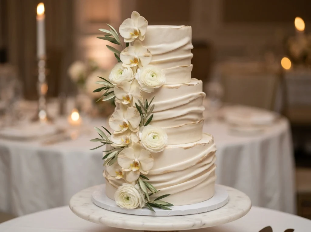 Wedding cake with sculpted linen…