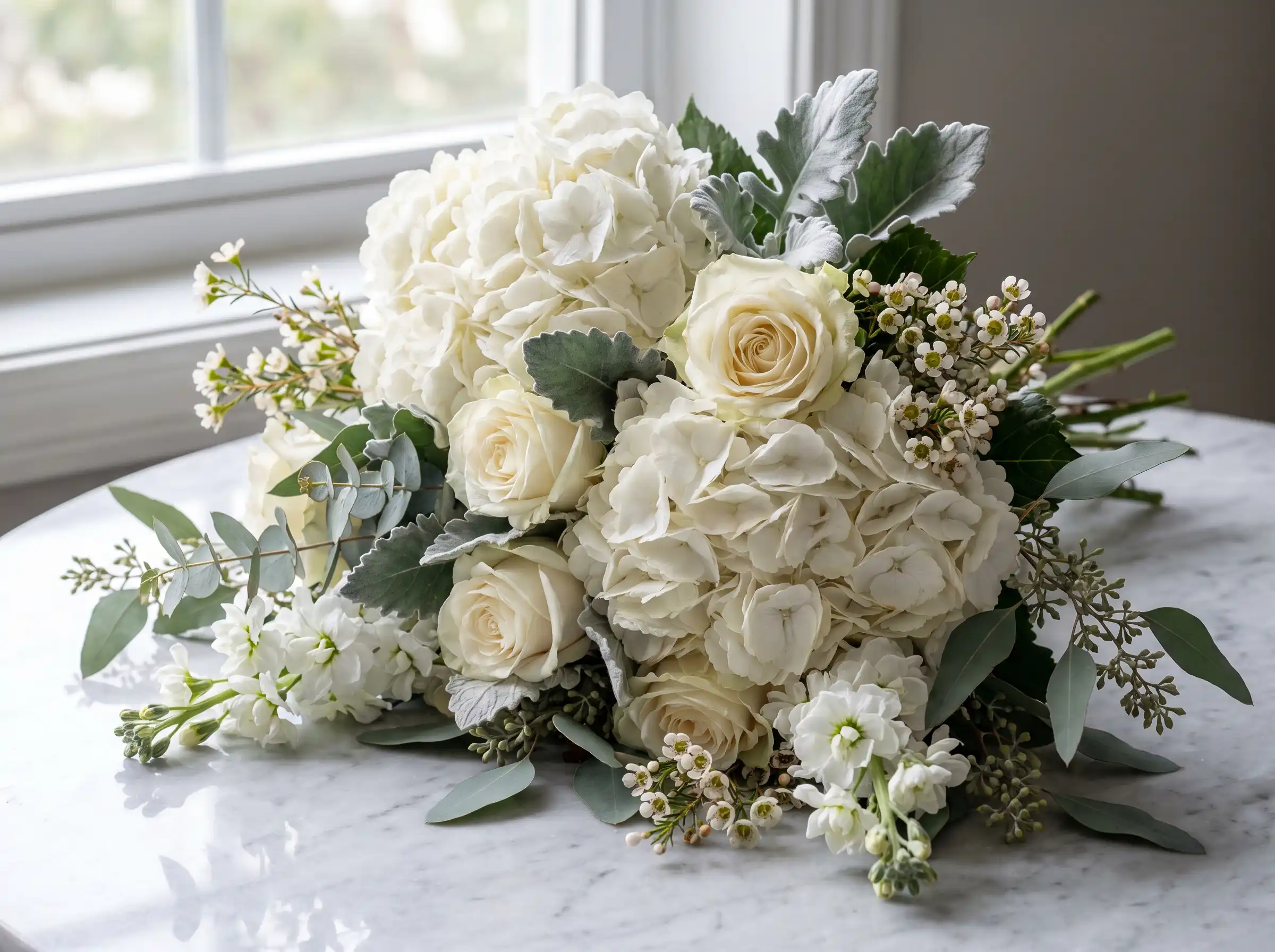 Grand white hydrangea snowball wedding bouquet with ivory roses and dusty miller