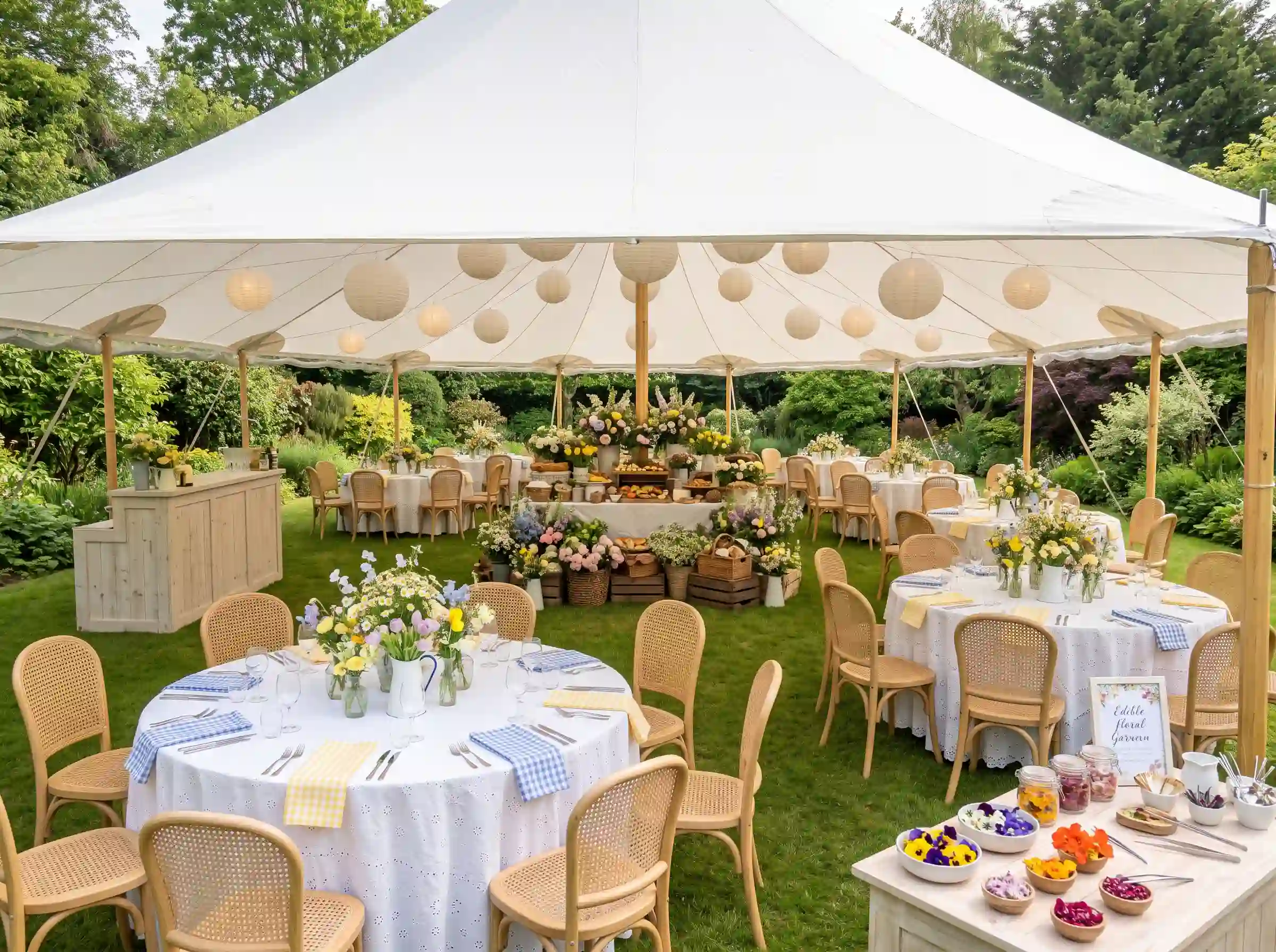 Wildflower brunch marquee reception with open sides and colorful bud vases on linen-covered round tables