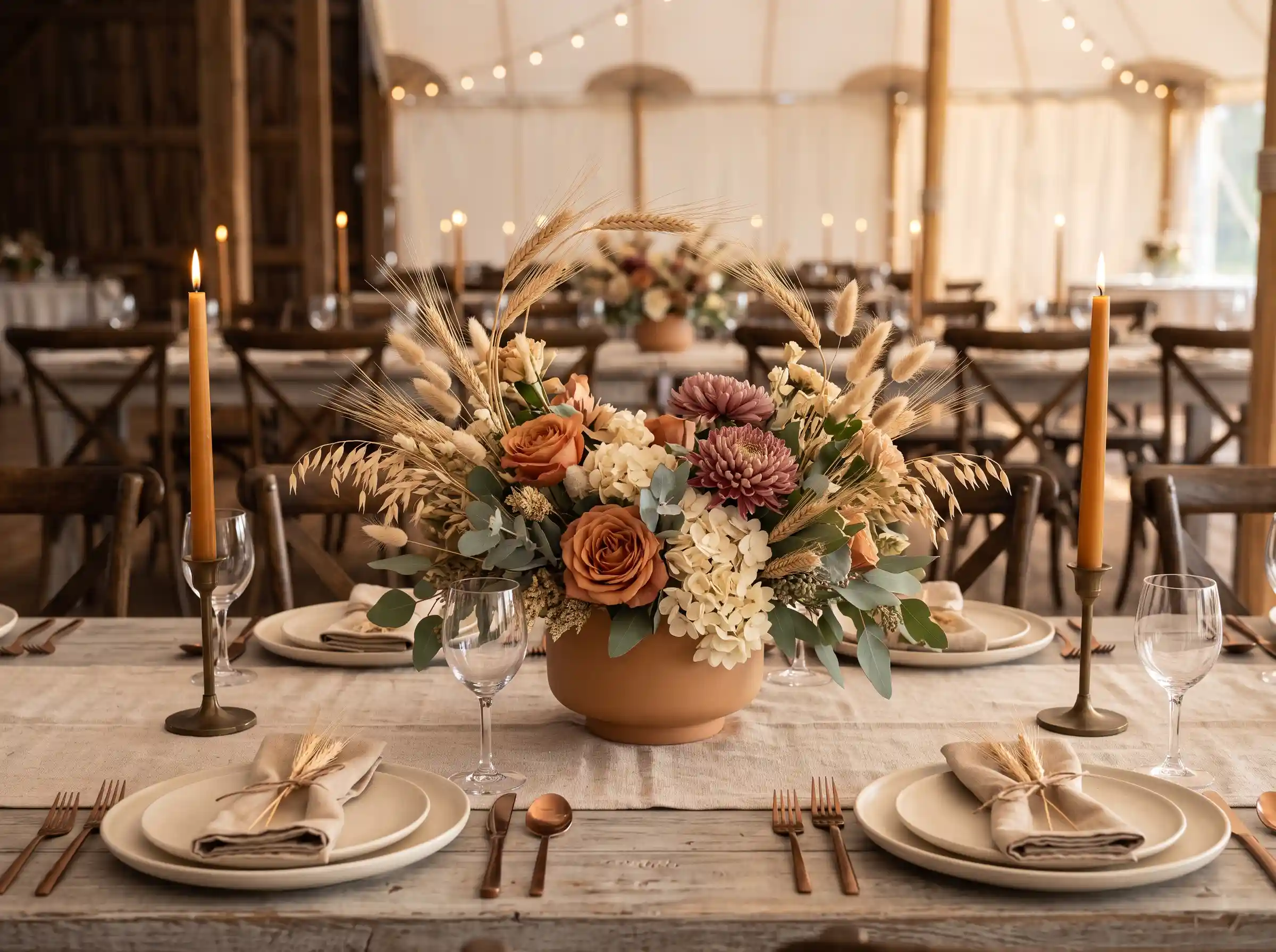 golden wheat stalks and ivory roses wedding table centerpiece with warm romantic lighting