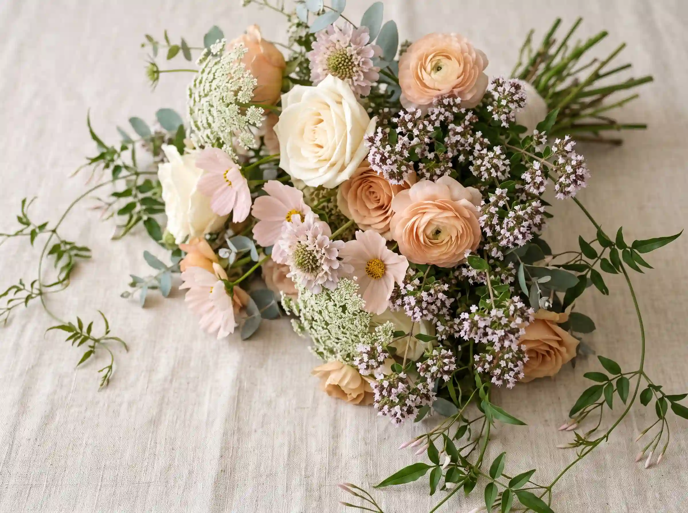 Cascading moonstone wild romance bouquet with flowing boho bridal flower arrangement