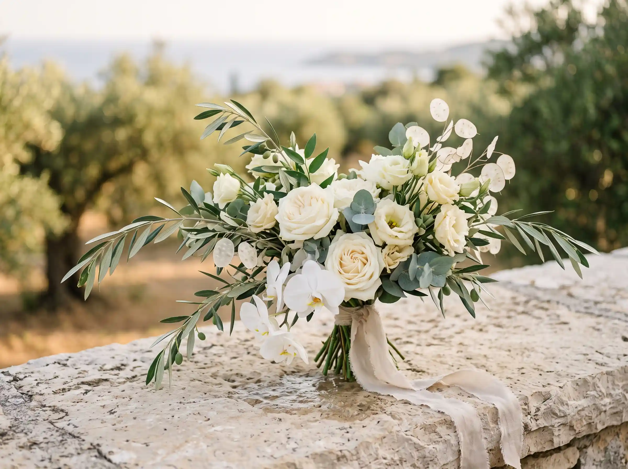 Mediterranean olive grove bridal bouquet with olive branches and natural boho greenery