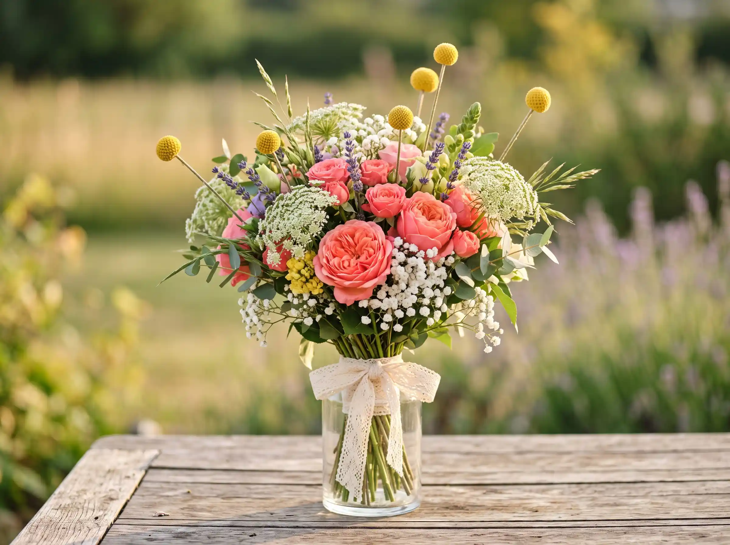Hand-tied wildflower meadow bridal bouquet with mixed natural blooms in boho style