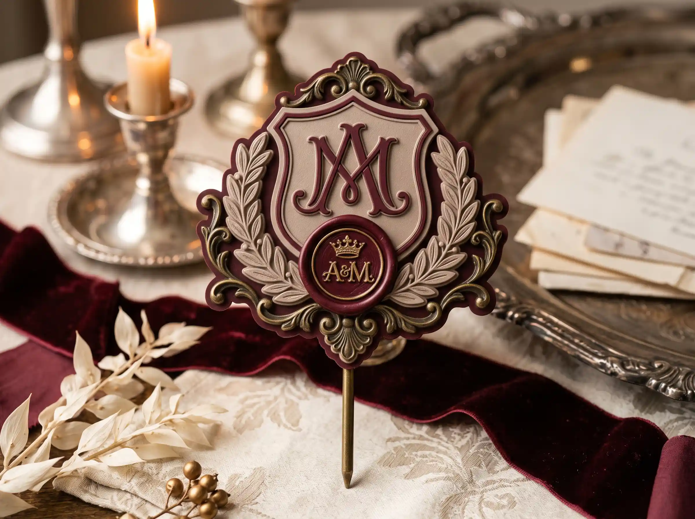 Vintage wax seal crest wedding cake topper with monogram initial and classic styling
