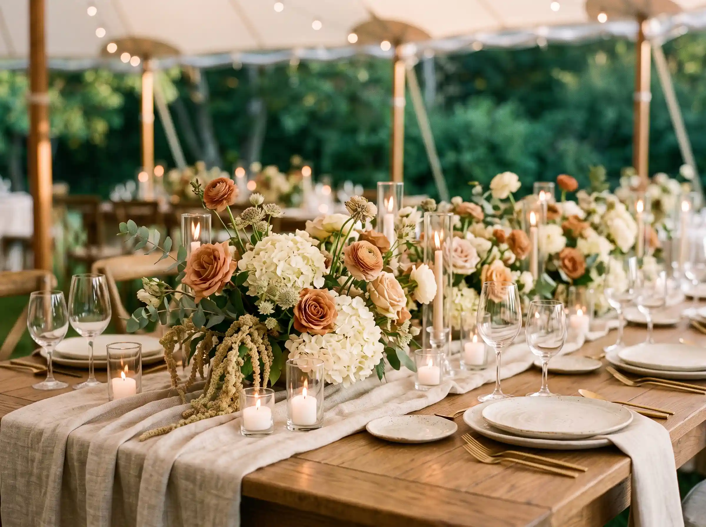 Soft linen table runner with harvest-style floral arrangement in warm neutral wedding tones