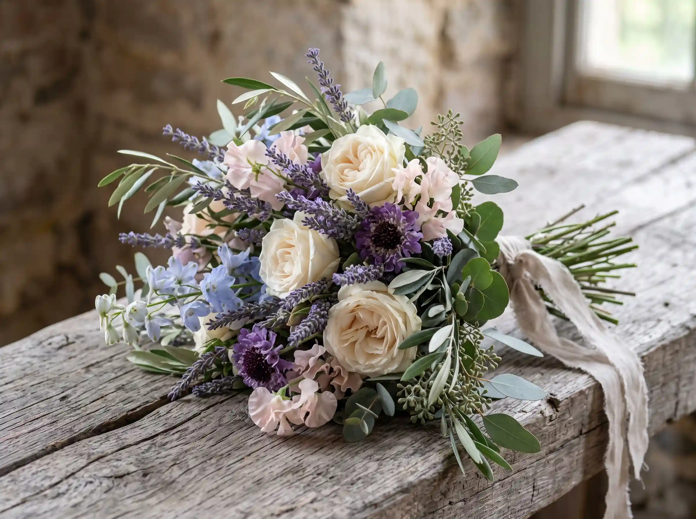 Soft purple and pink lavender orchard bouquet with roses for boho wedding styling