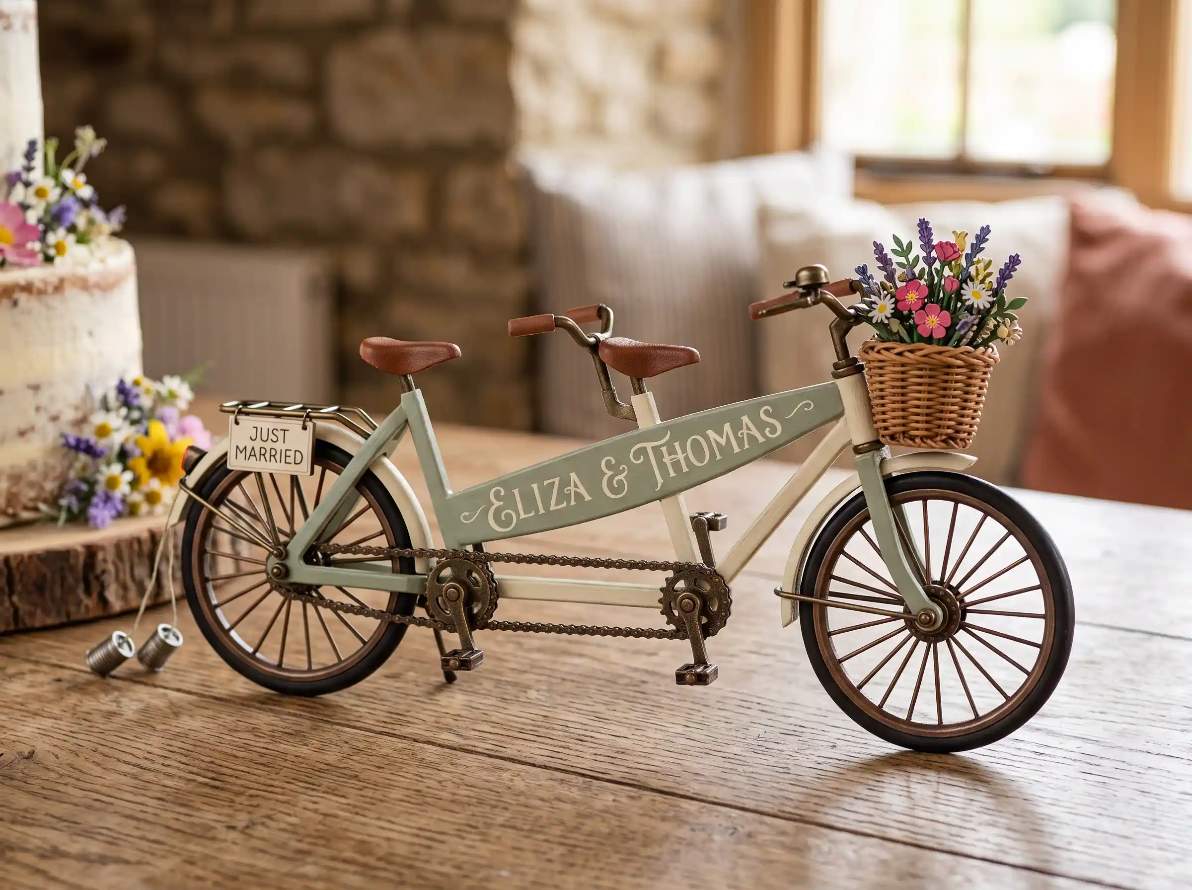 Vintage bicycle escape DIY wedding cake topper with charming retro bike and floral basket