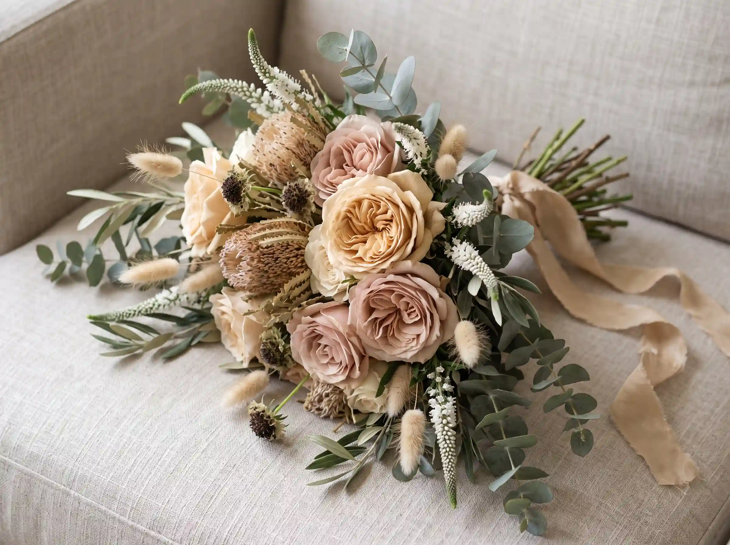 Dusty pink desert rose bridal bouquet with wind-swept boho styling and warm tones
