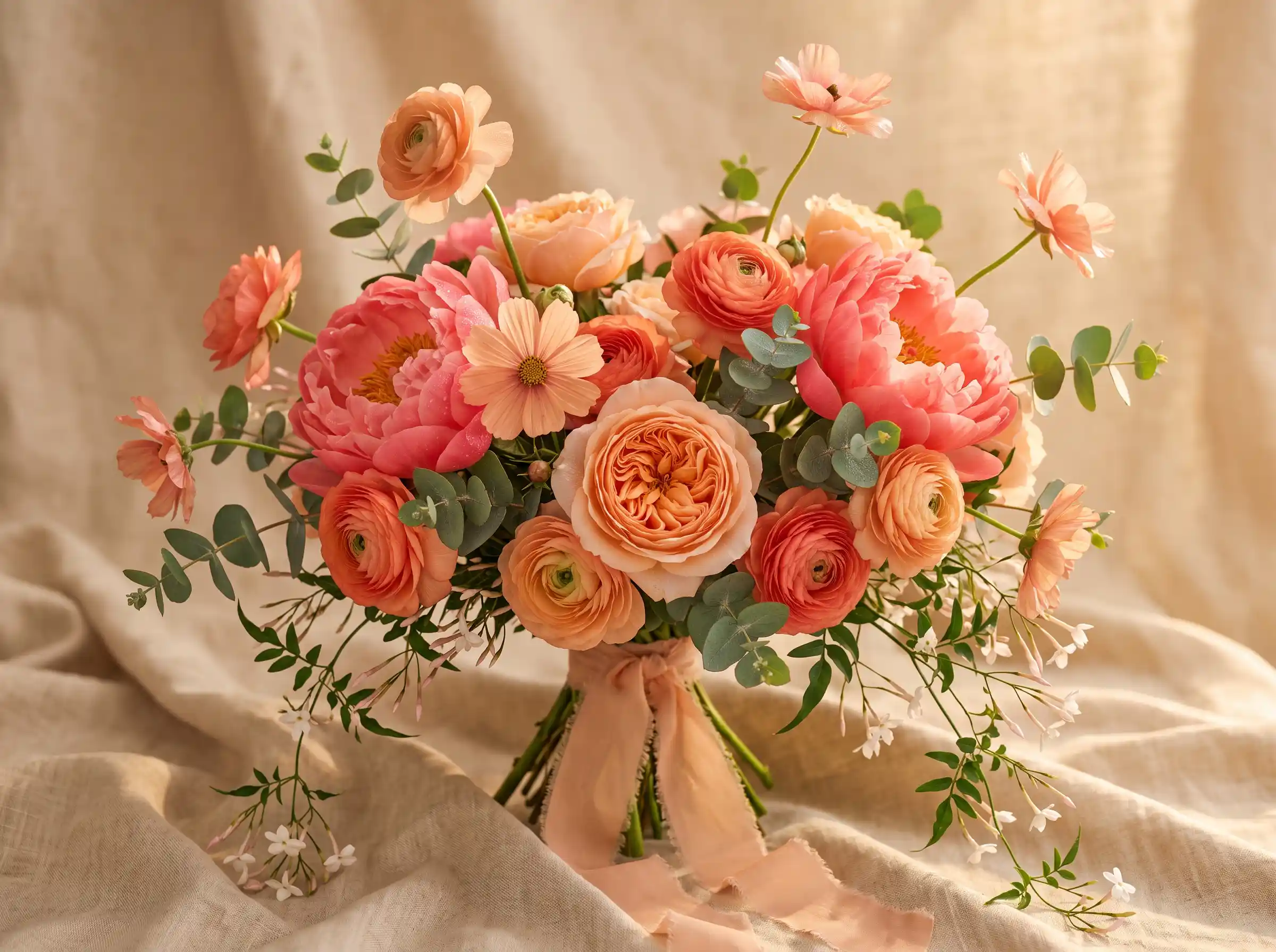 Warm golden sunset garden bouquet with glowing boho wedding flowers in amber tones