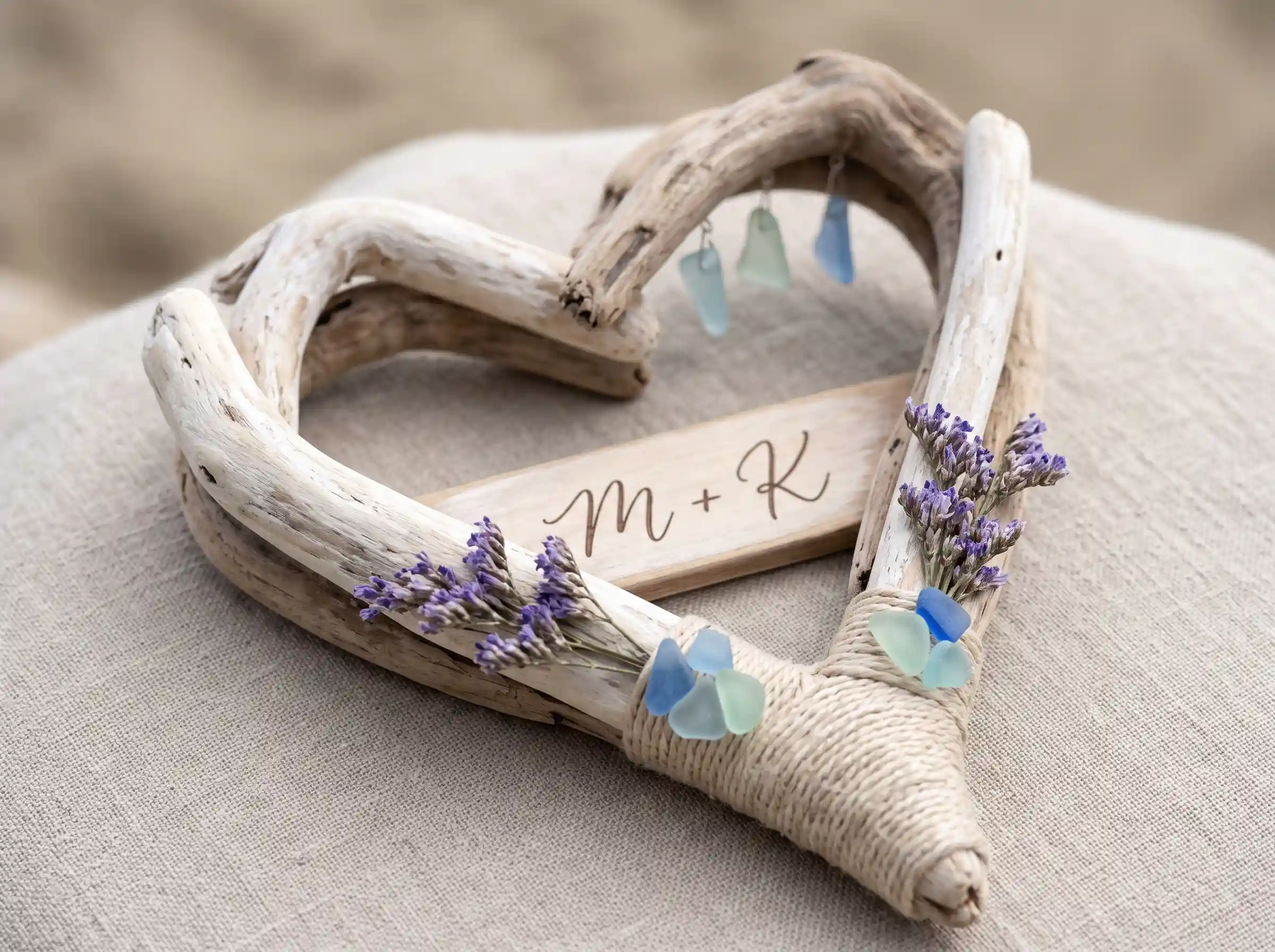 Coastal driftwood heart rustic wedding cake topper made from natural weathered wood pieces