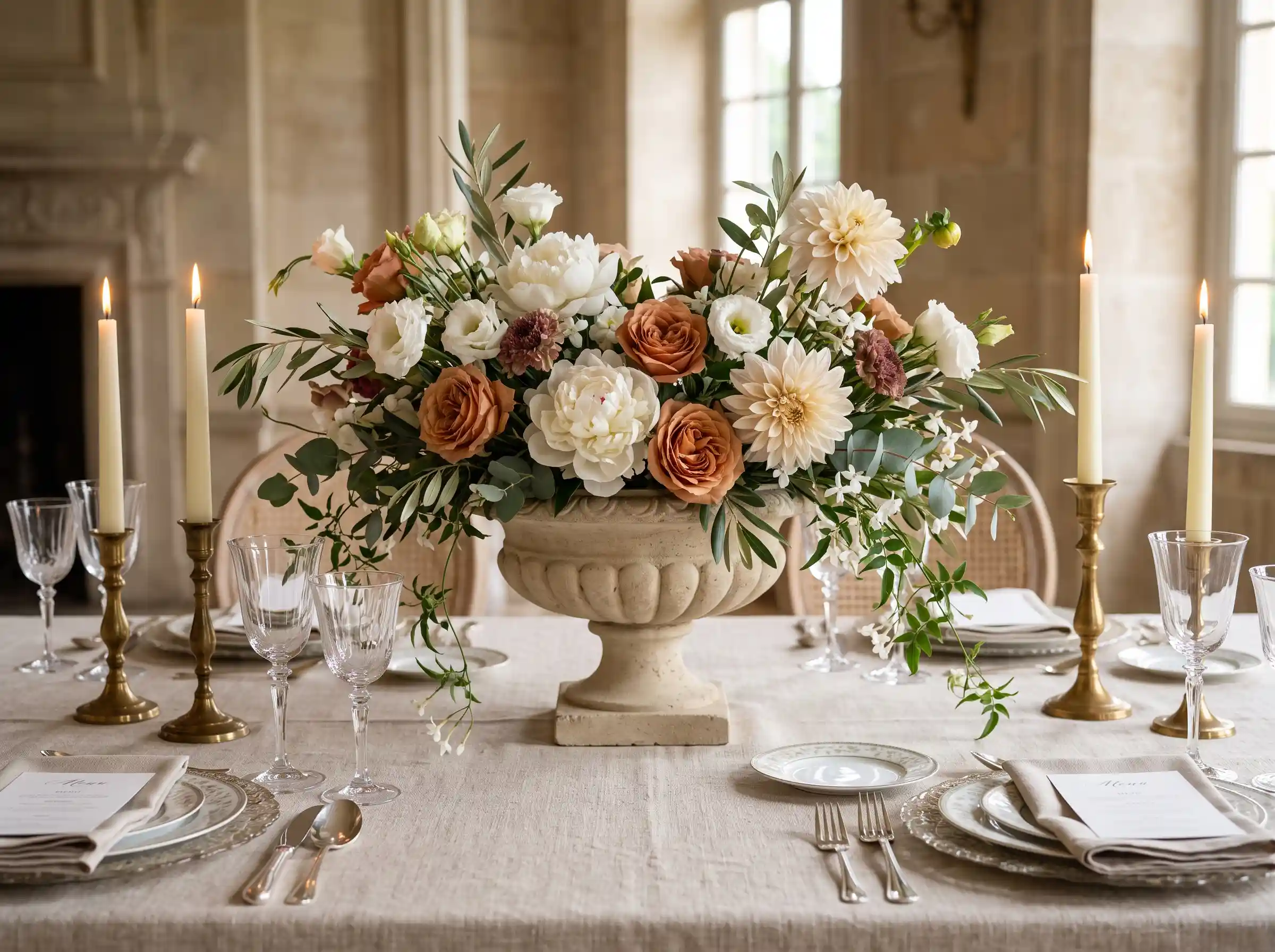 stone textured vessels with romantic blush and white wedding flowers on elegant table