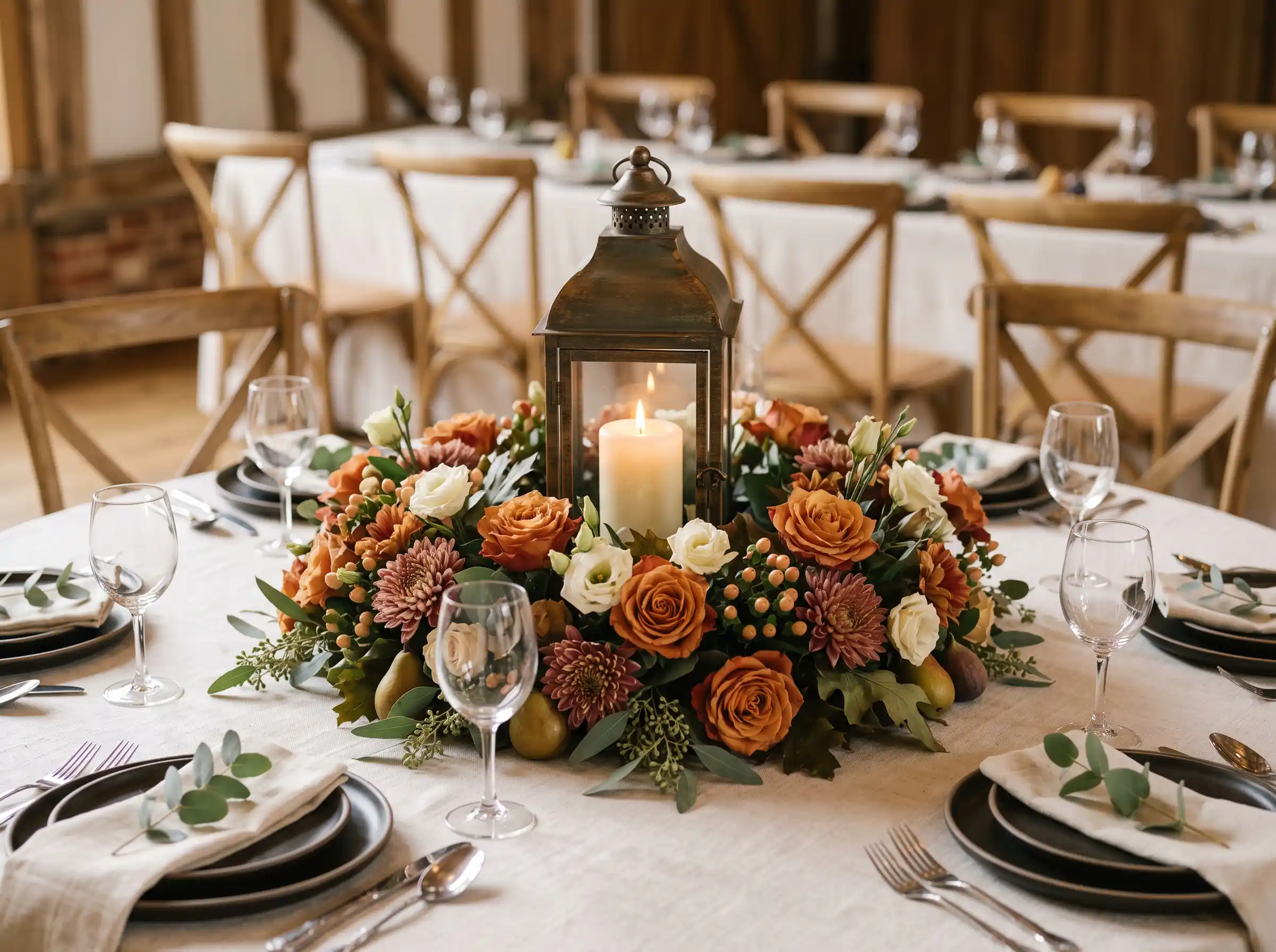 Vintage lantern centerpiece with orchard-inspired flowers and greenery on wedding table
