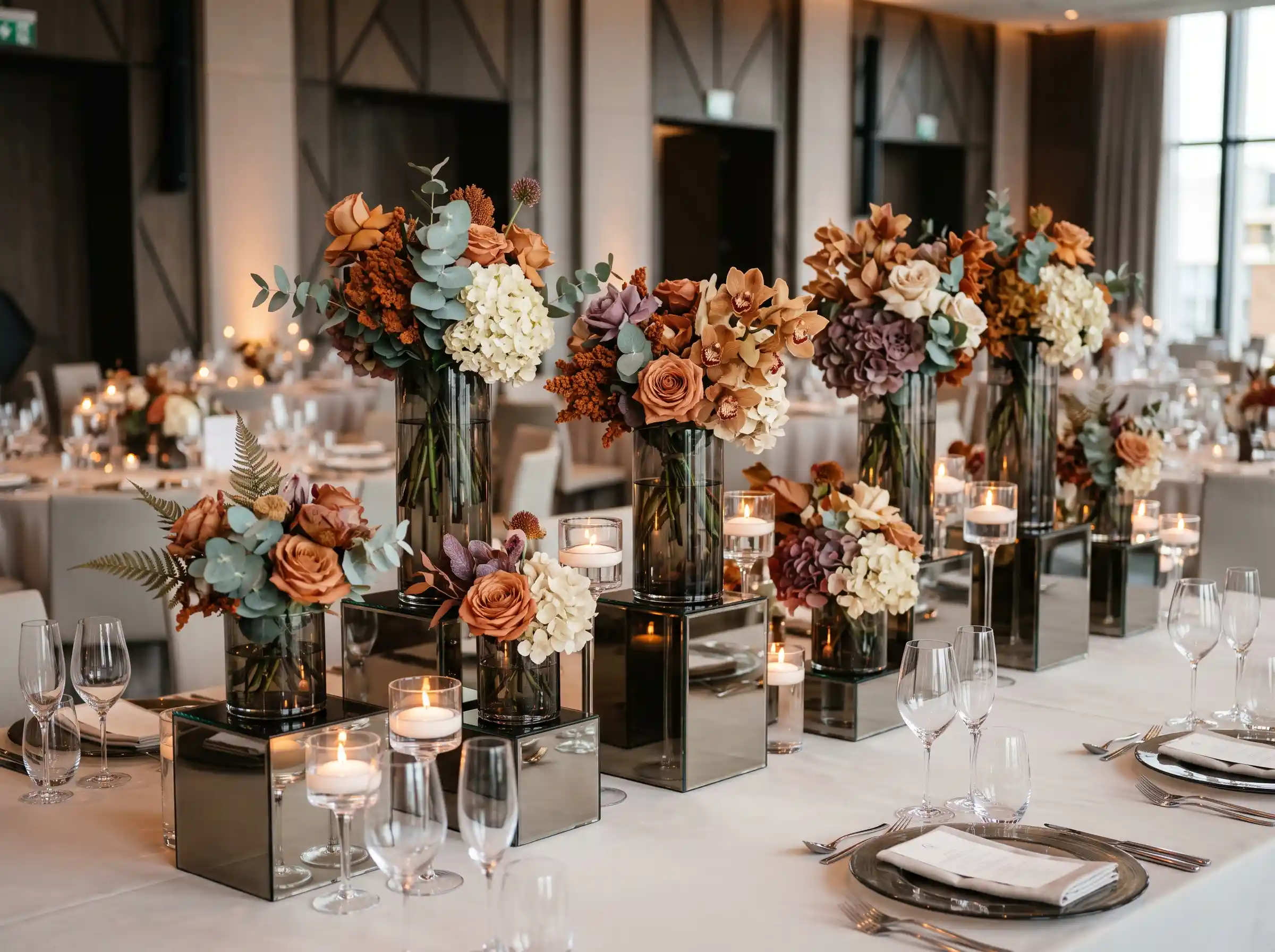 Modern amber glass vases with minimalist floral stems reflecting warm golden tones