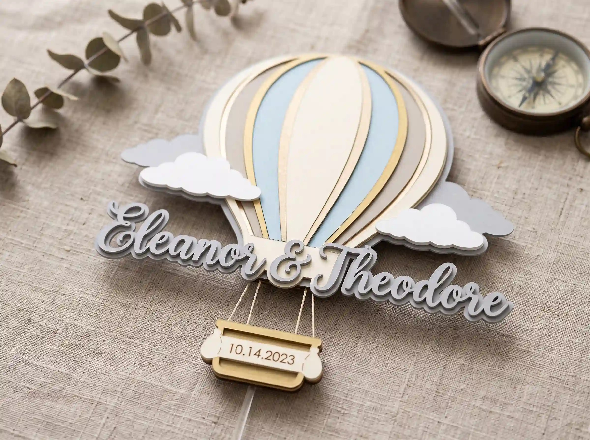 Balloon adventure silhouette handmade cake topper with couple and hot air balloon cutout