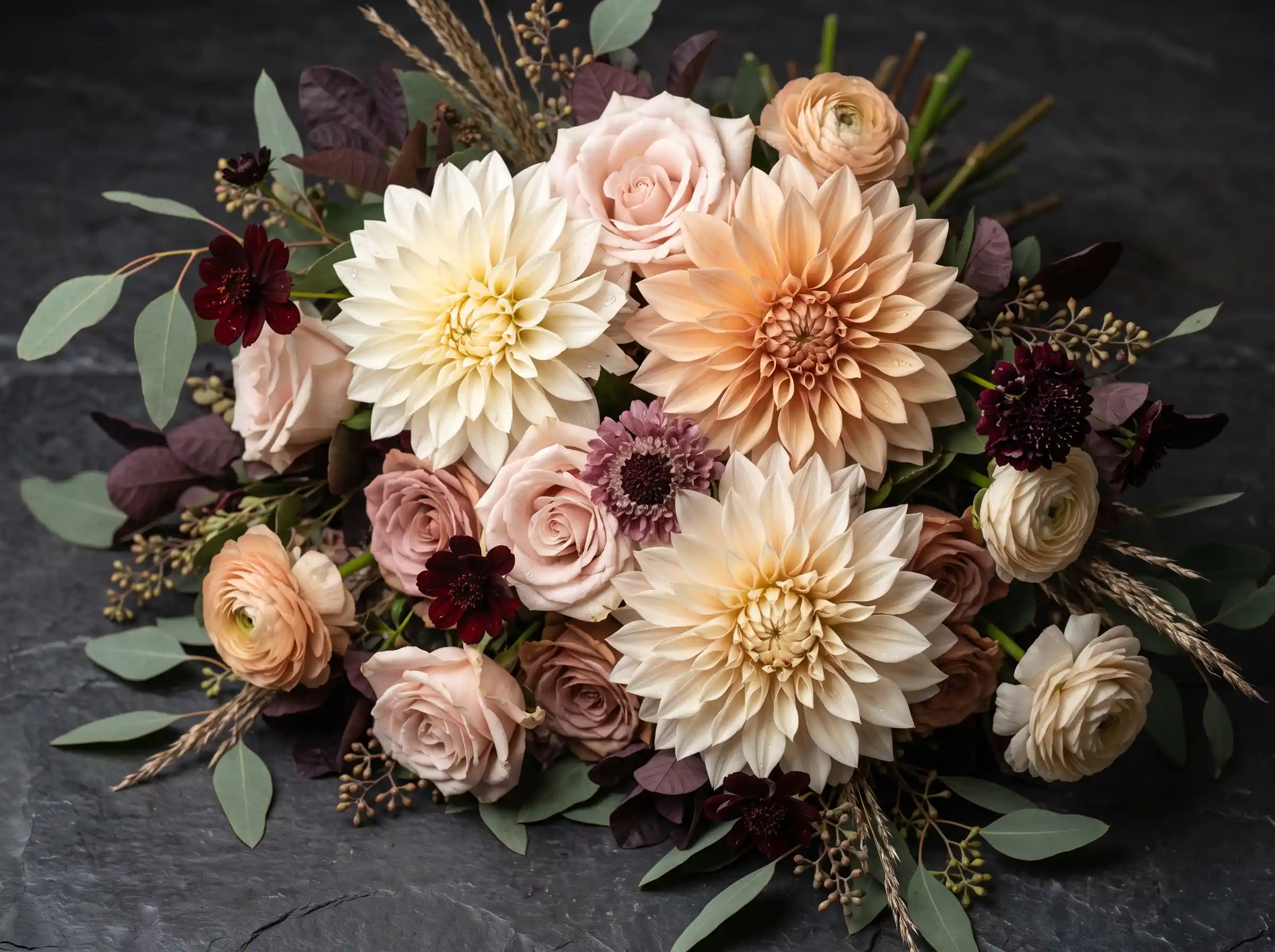 Rich autumn-inspired dahlia bridal bouquet with harvest romance boho wedding flowers