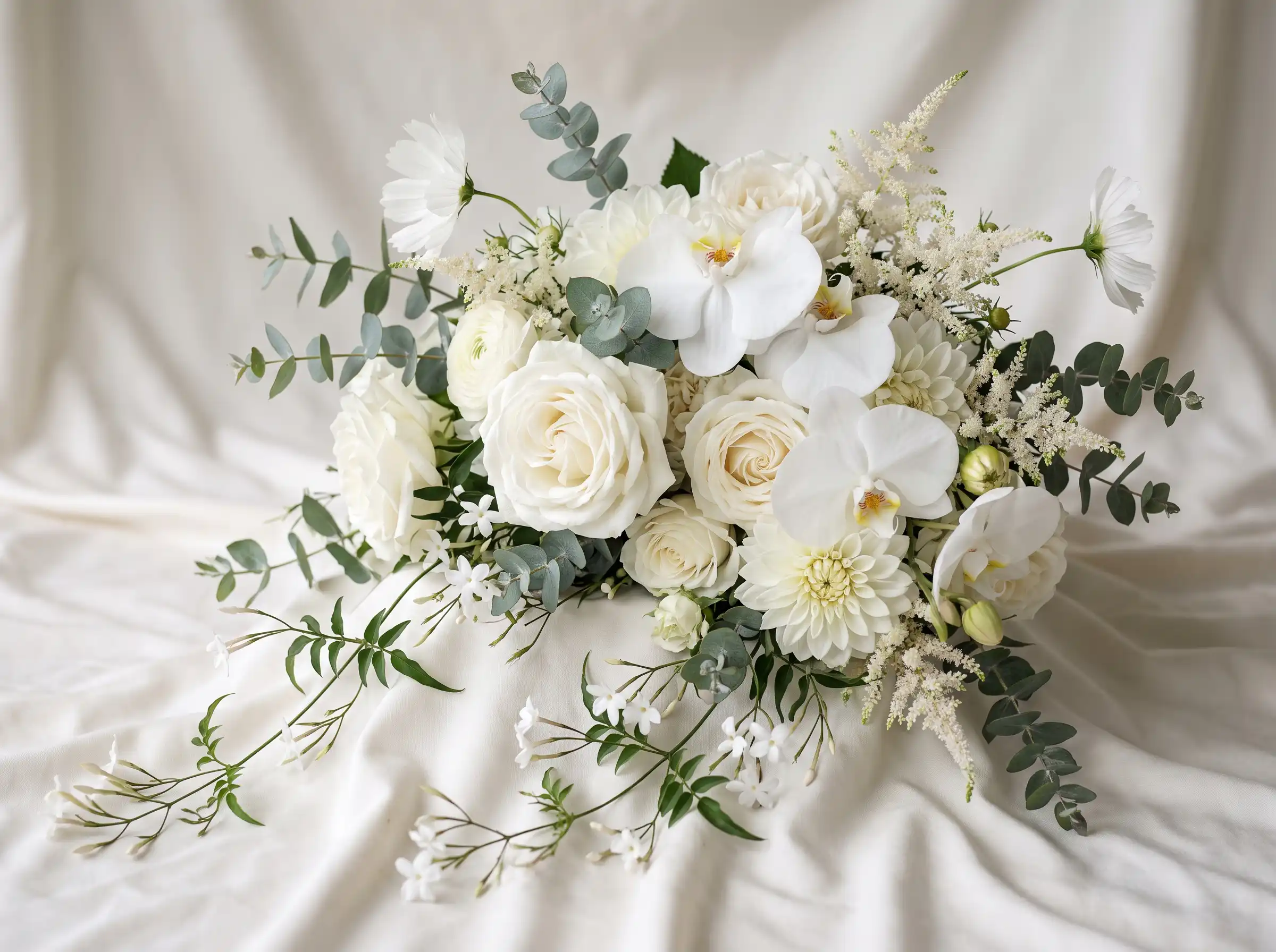 All-white moonlit bohemian bridal bouquet with jasmine and lush white floral arrangement