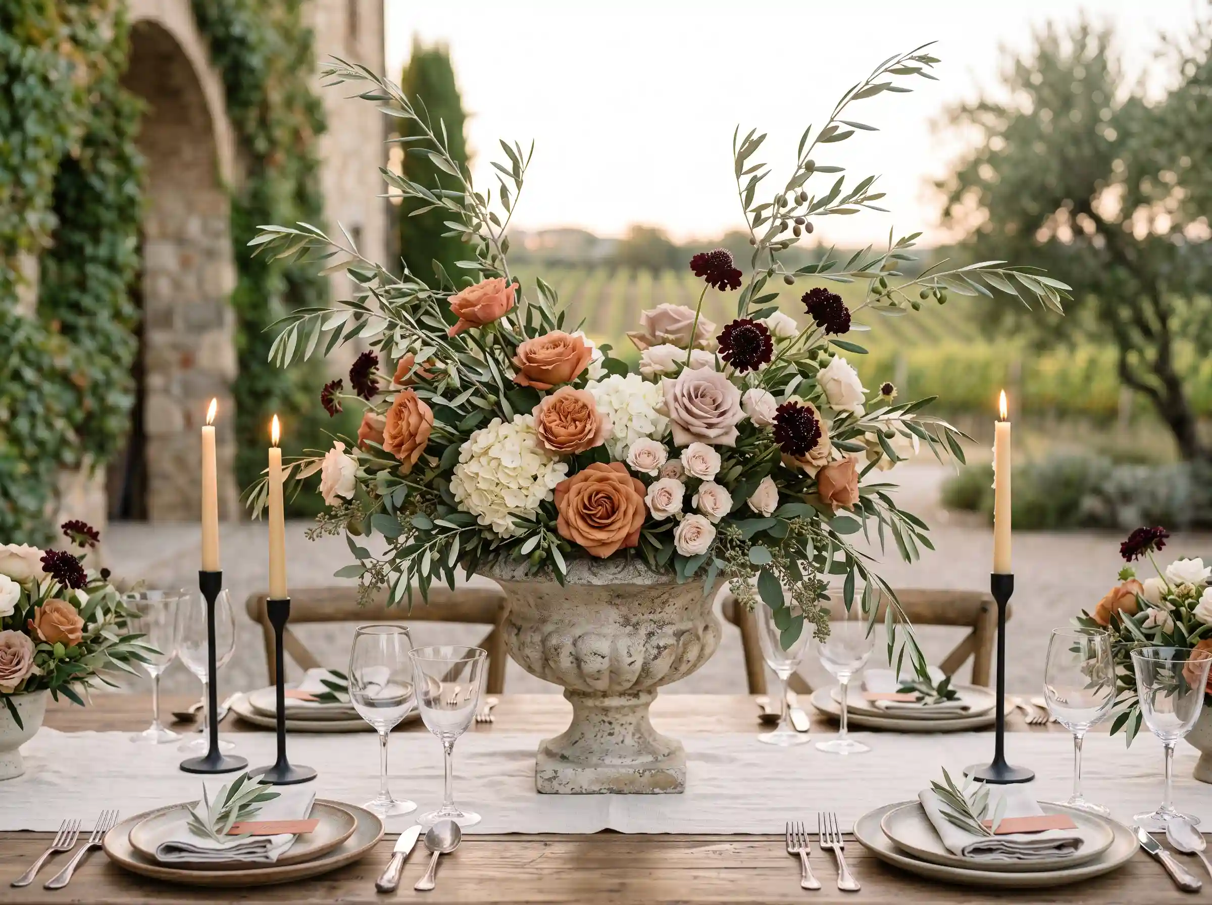 Rustic wedding table with olive branches white flowers and Mediterranean manor styling