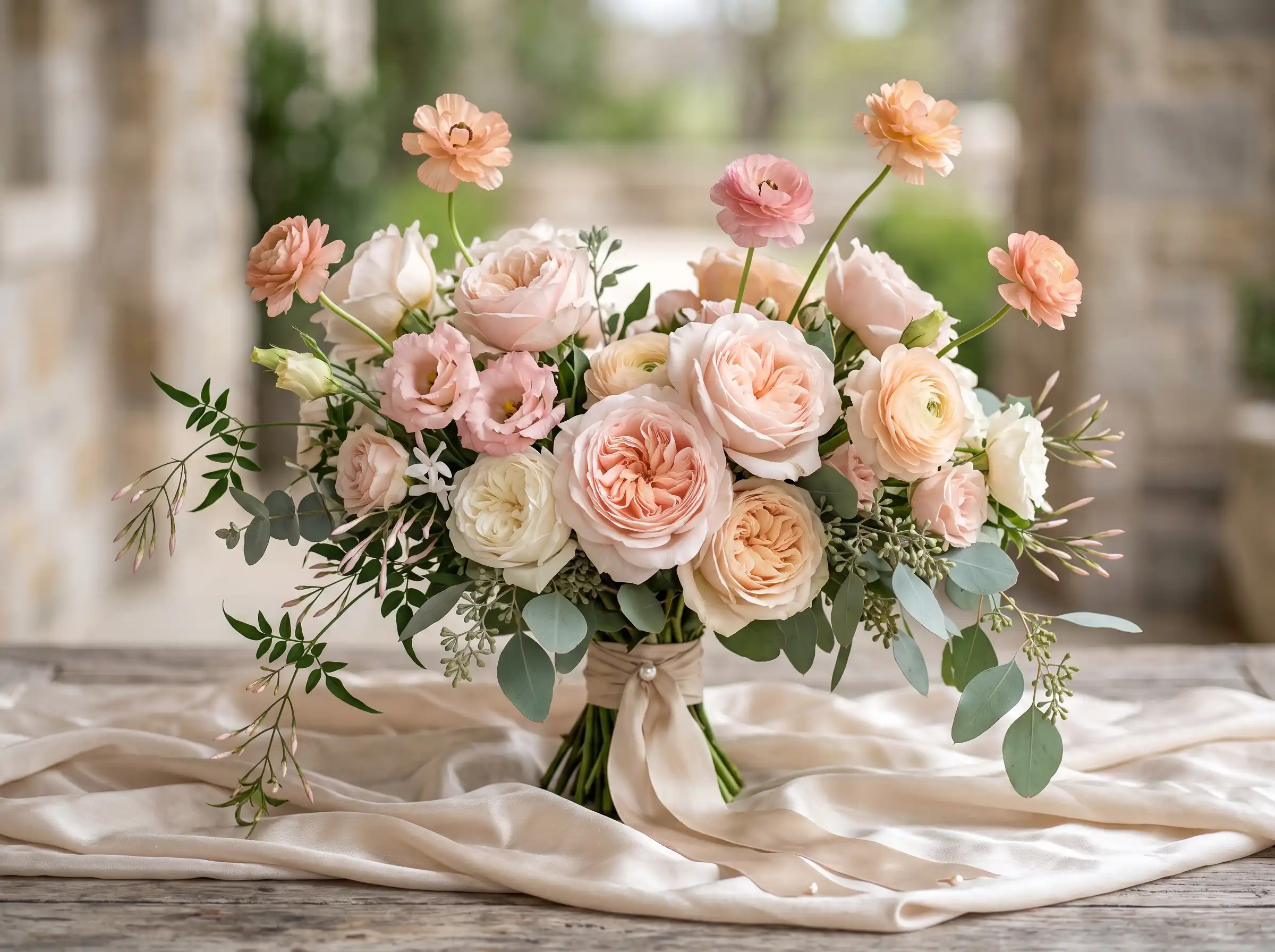 Refined blush and champagne bridal bouquet on silk with elegant boho wedding flowers