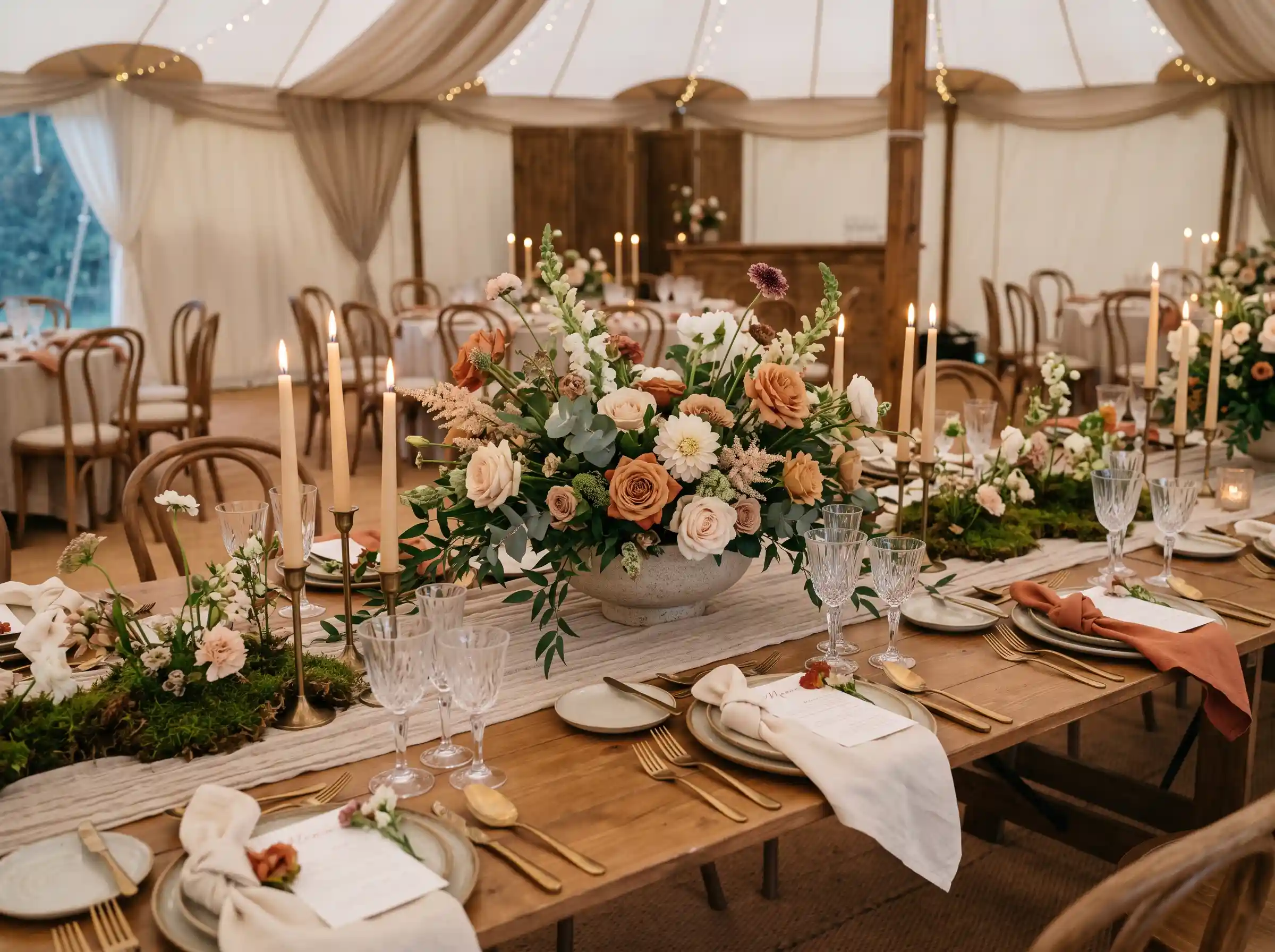 Terracotta vase with warm meadow wildflowers and soft candlelight on wedding table