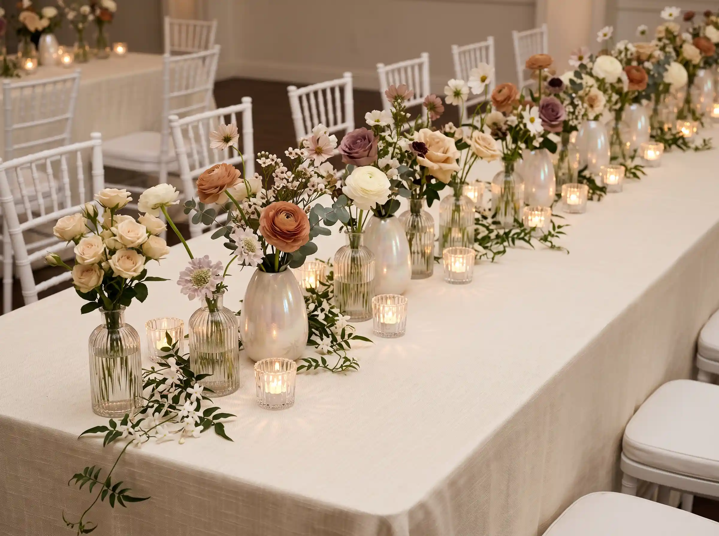 glass votive candles and pearl strands creating luminous wedding table flower path