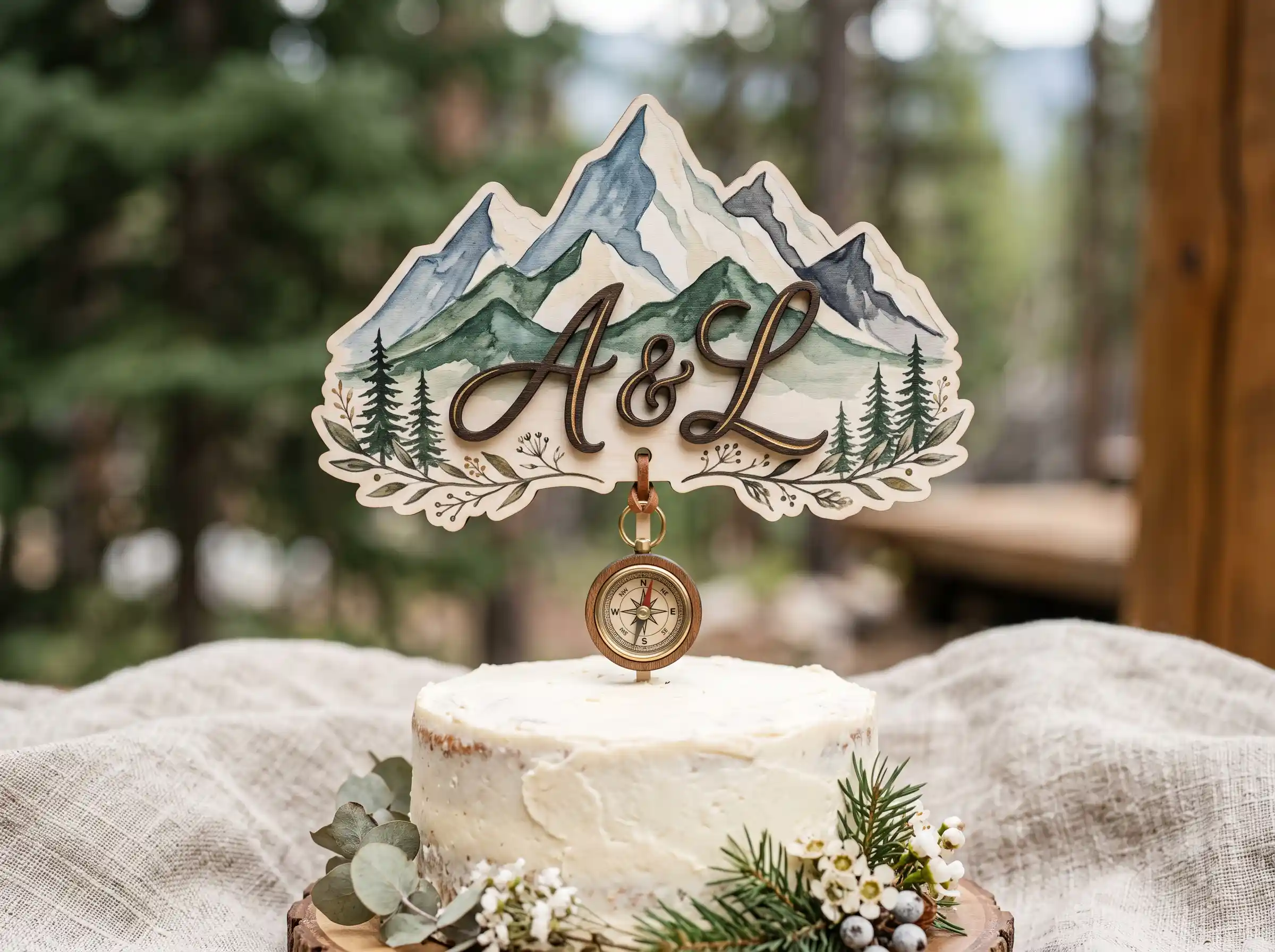Watercolor mountain adventure handmade cake topper with painted peaks and soft hues