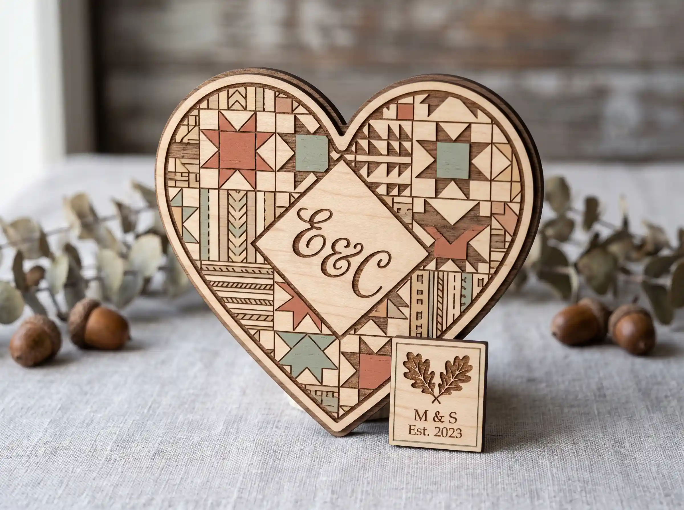 Heritage quilt heart handmade wedding cake topper with patchwork fabric patterns and textures