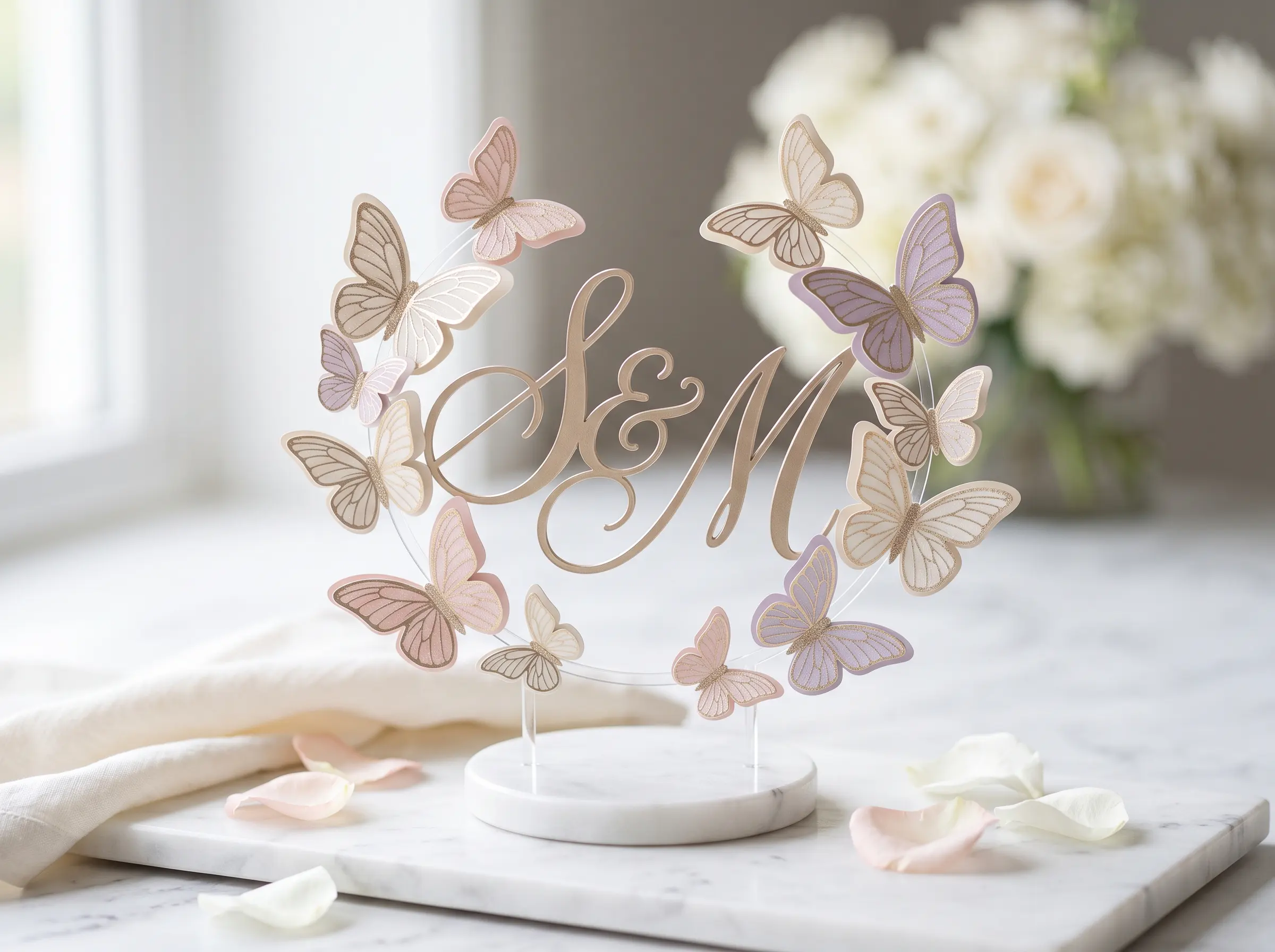 Butterfly flight initials wedding cake decoration with paper butterflies forming letter shapes